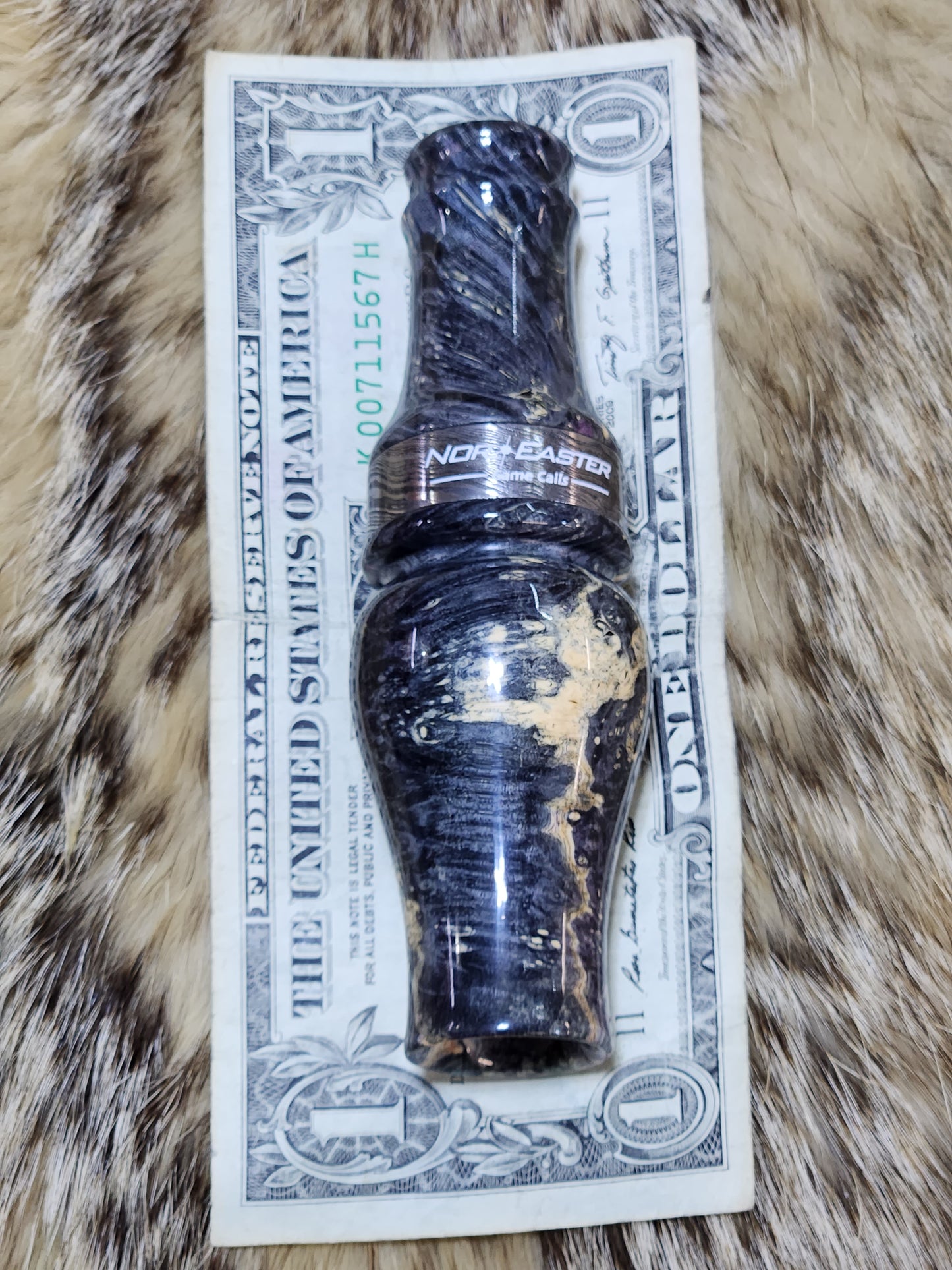 Boxelder burl wood double Reed Duck Call, Damascus band cocobolo wood tone board