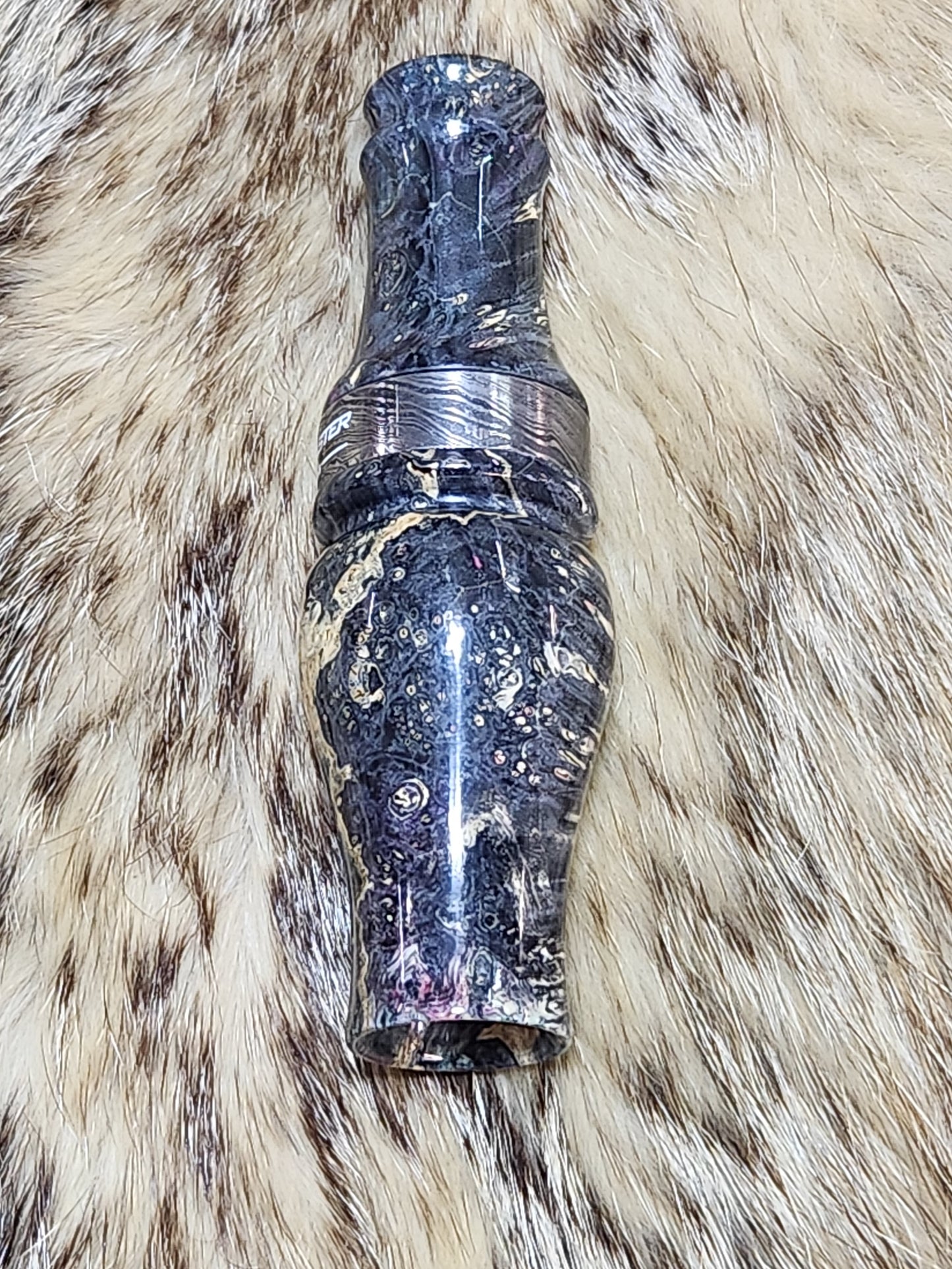 Boxelder burl wood double Reed Duck Call, Damascus band cocobolo wood tone board