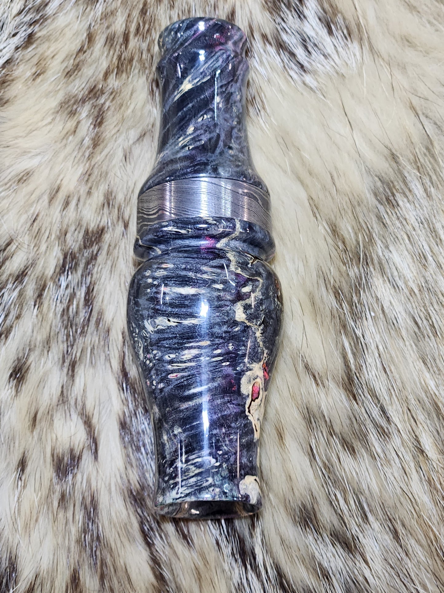 Boxelder burl wood double Reed Duck Call, Damascus band cocobolo wood tone board
