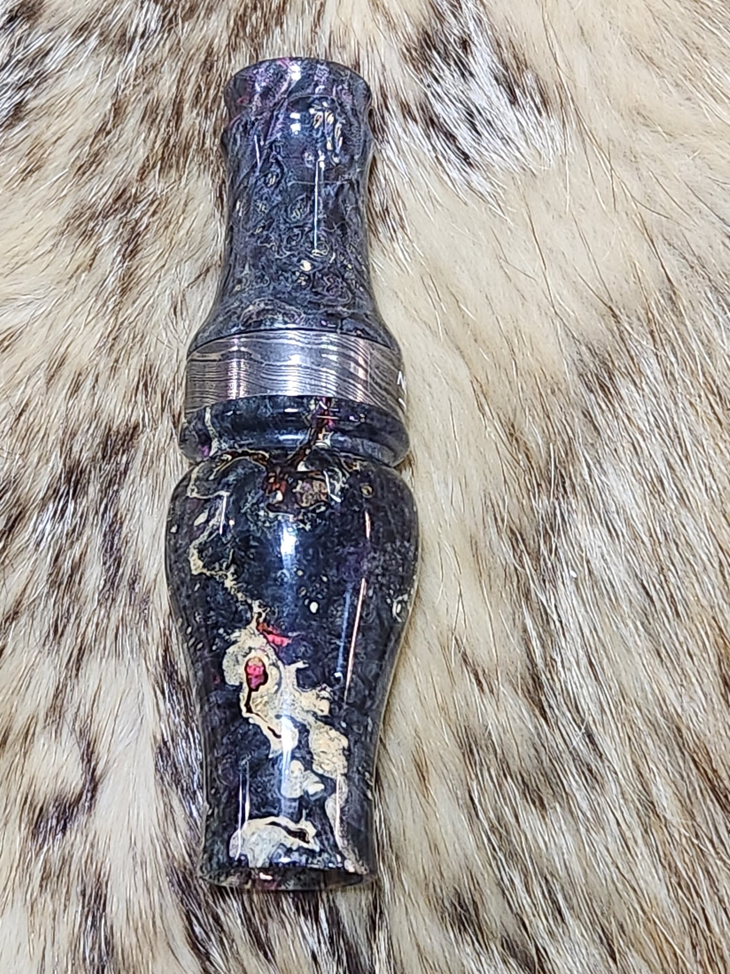 Boxelder burl wood double Reed Duck Call, Damascus band cocobolo wood tone board