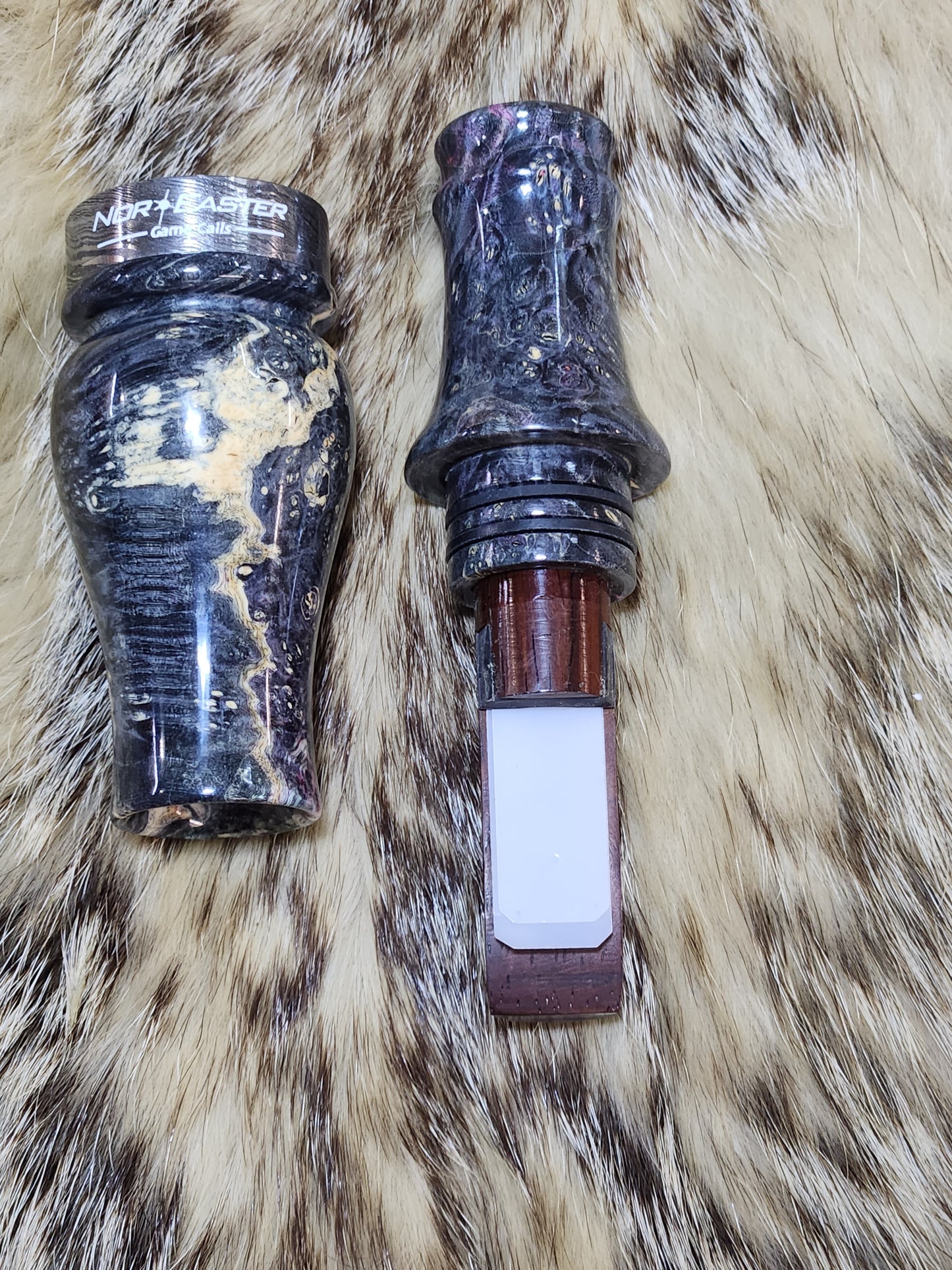Boxelder burl wood double Reed Duck Call, Damascus band cocobolo wood tone board