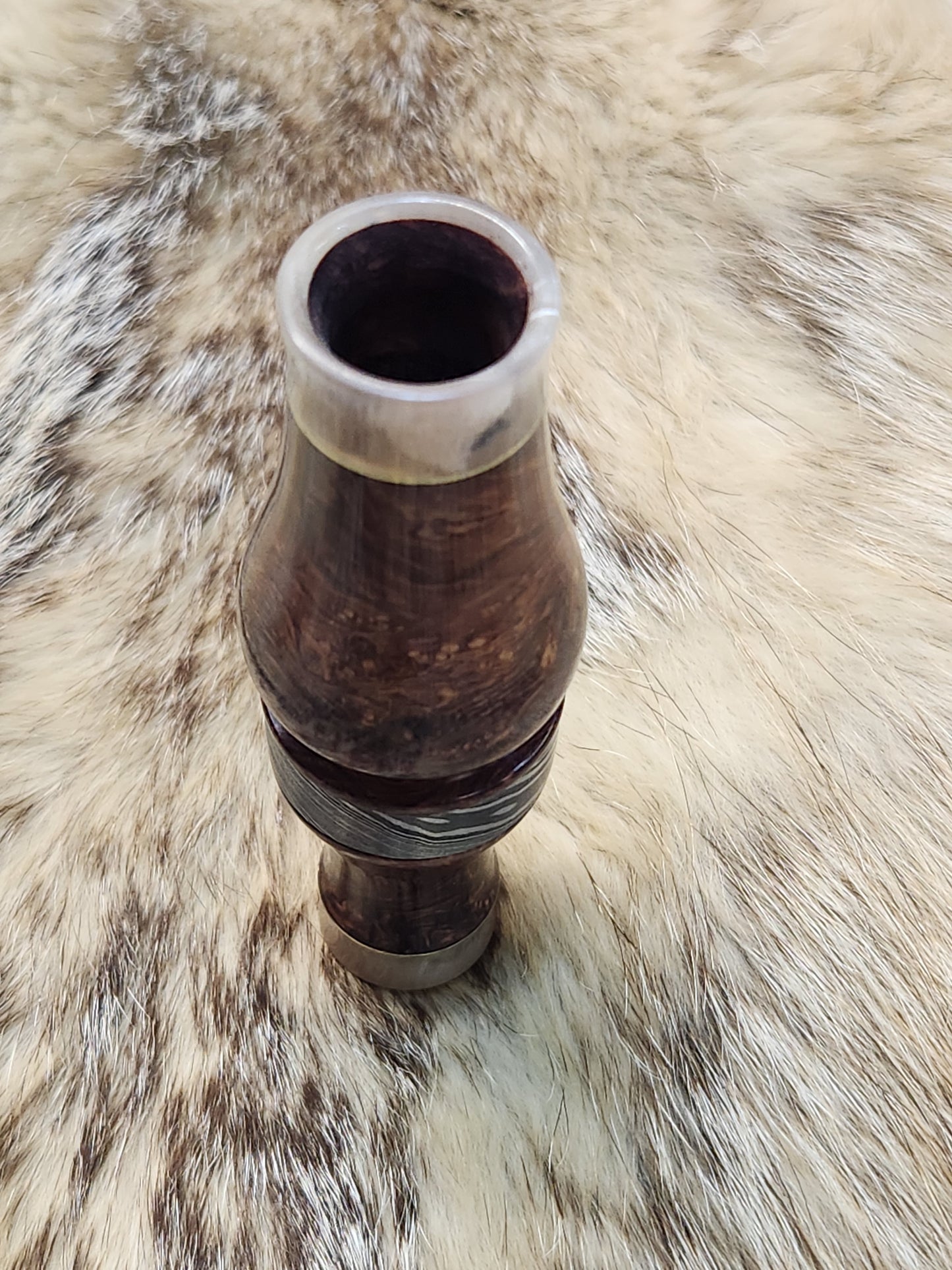Honduran rose wood sleeved with muskox horn & brass double reed duck call
