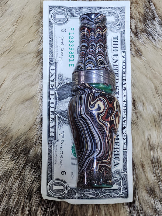 Fordite in resin double Reed Duck Call with cocobolo wood sleeved tone board
