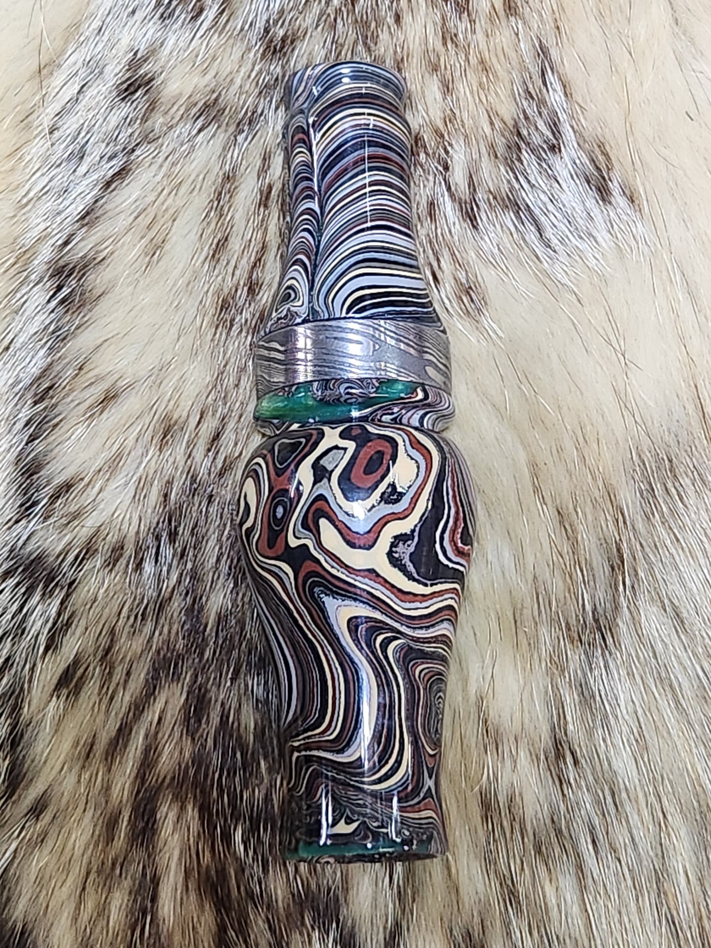 Fordite in resin double Reed Duck Call with cocobolo wood sleeved tone board