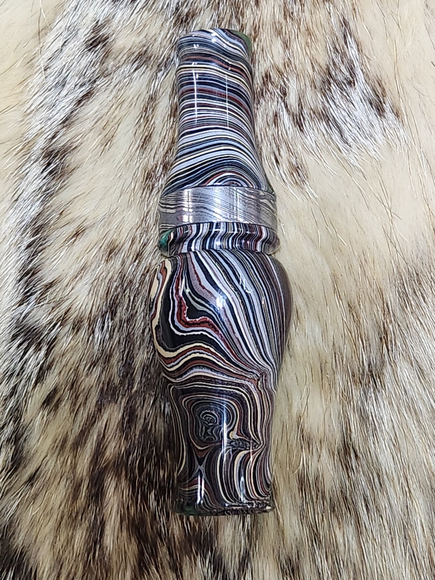 Fordite in resin double Reed Duck Call with cocobolo wood sleeved tone board