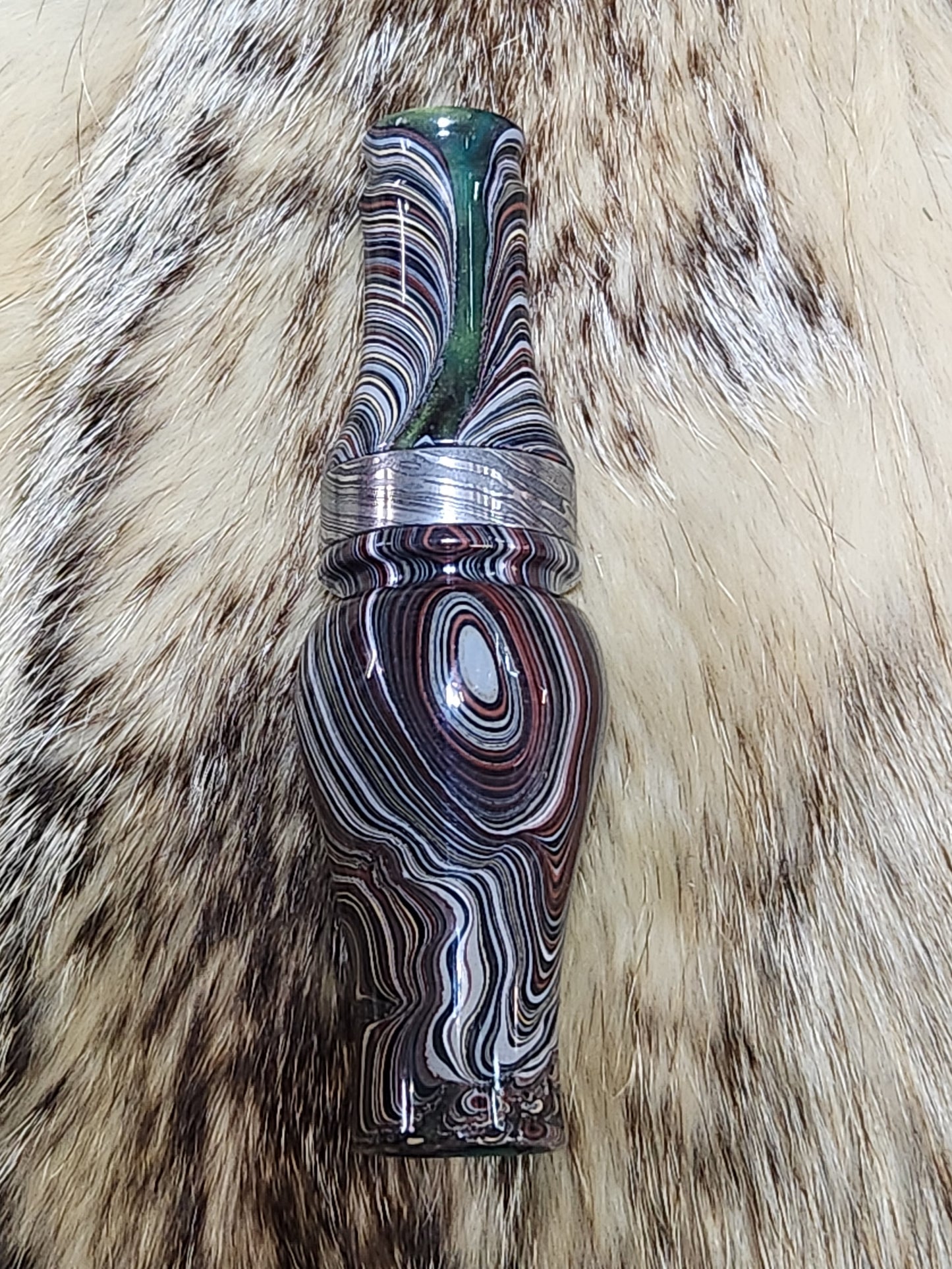 Fordite in resin double Reed Duck Call with cocobolo wood sleeved tone board
