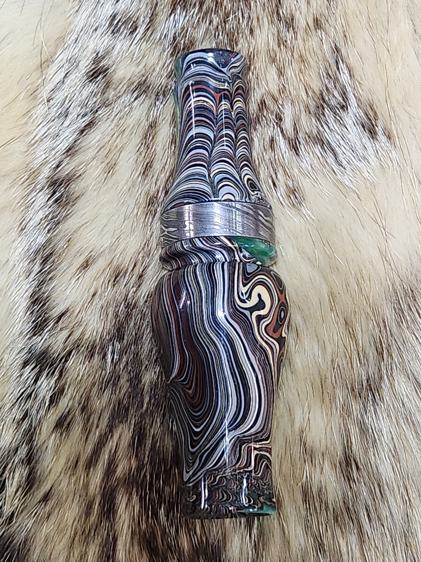 Fordite in resin double Reed Duck Call with cocobolo wood sleeved tone board