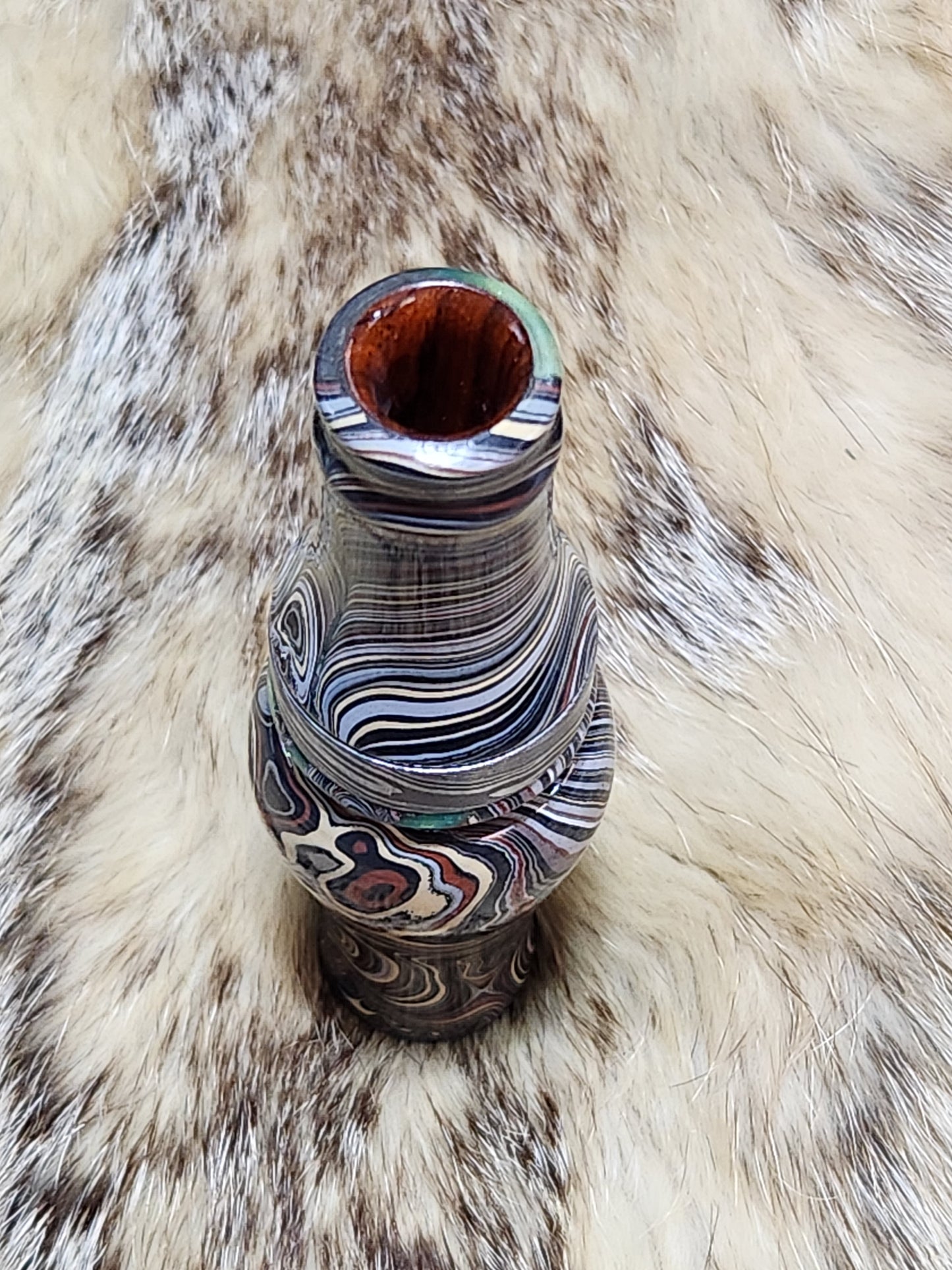 Fordite in resin double Reed Duck Call with cocobolo wood sleeved tone board
