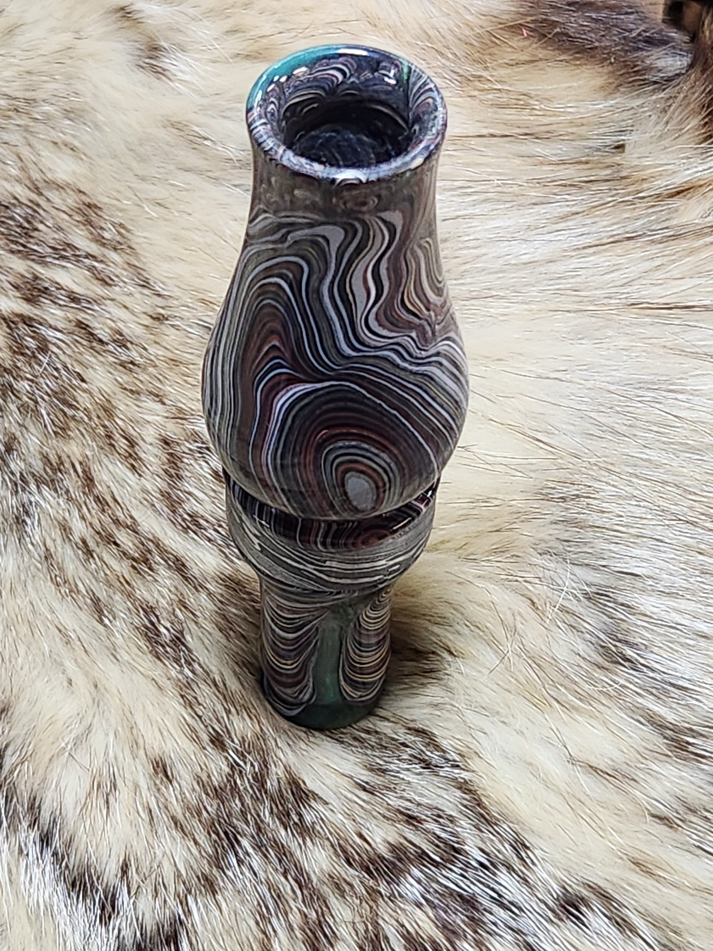 Fordite in resin double Reed Duck Call with cocobolo wood sleeved tone board