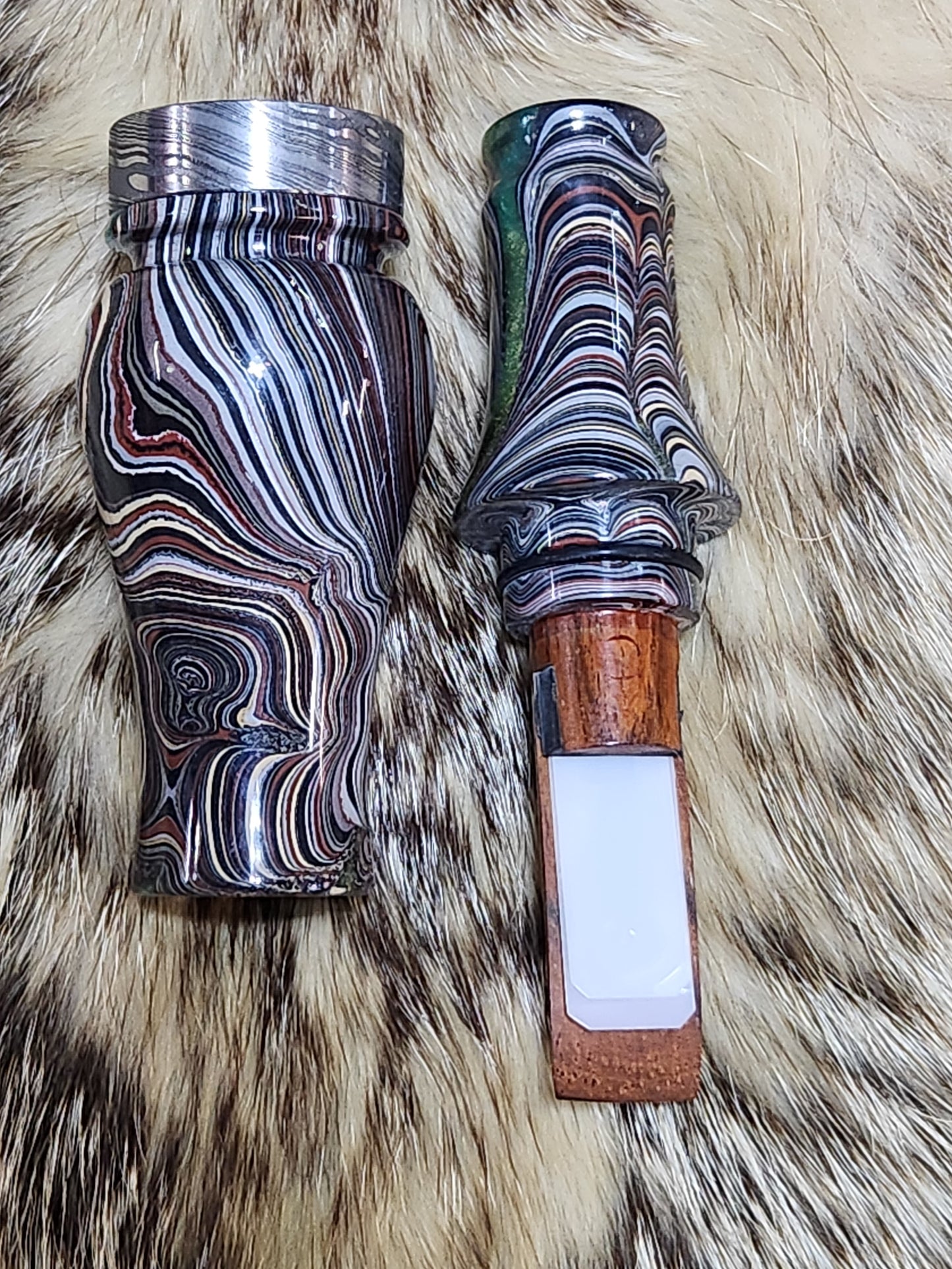 Fordite in resin double Reed Duck Call with cocobolo wood sleeved tone board