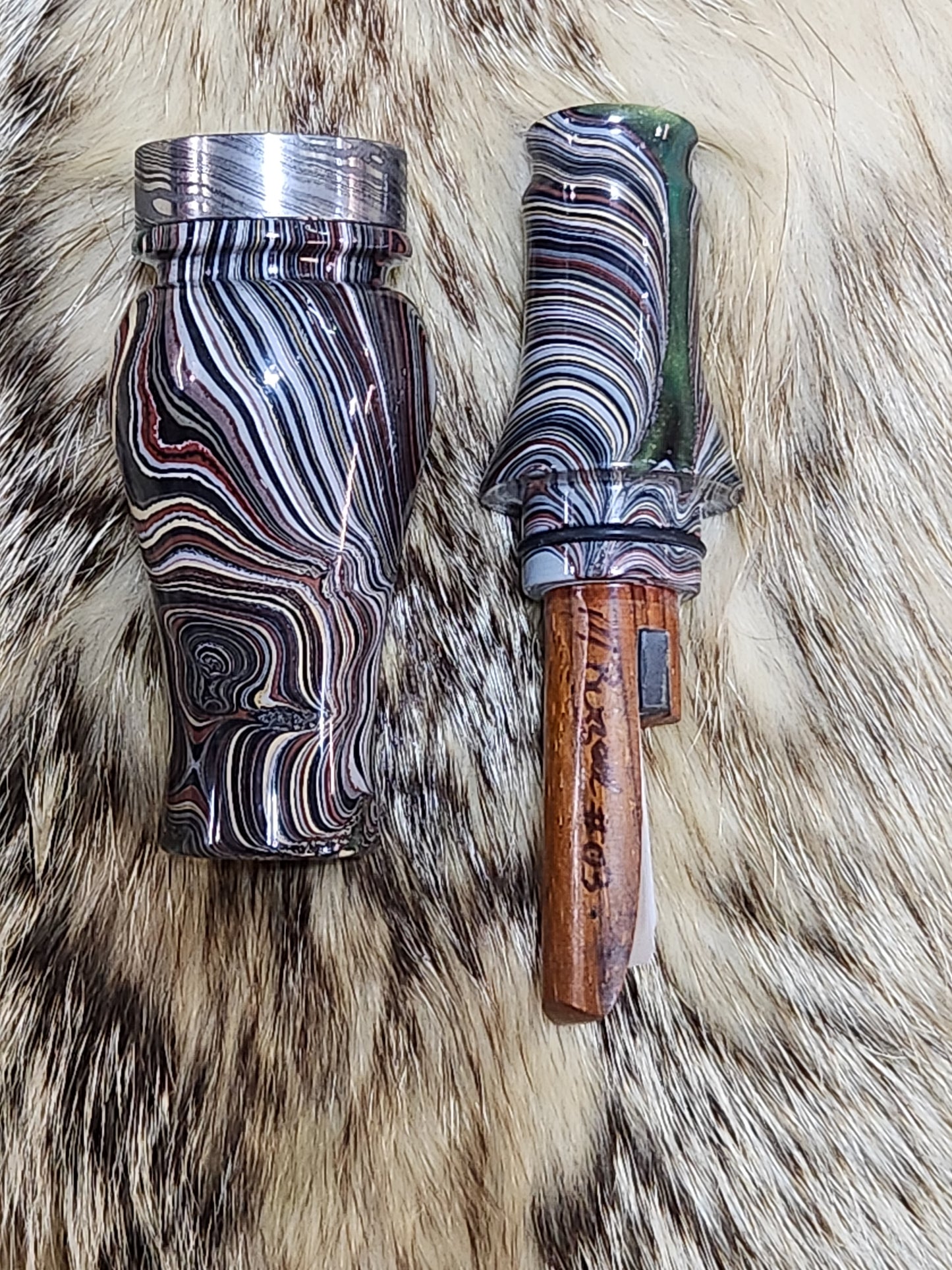 Fordite in resin double Reed Duck Call with cocobolo wood sleeved tone board