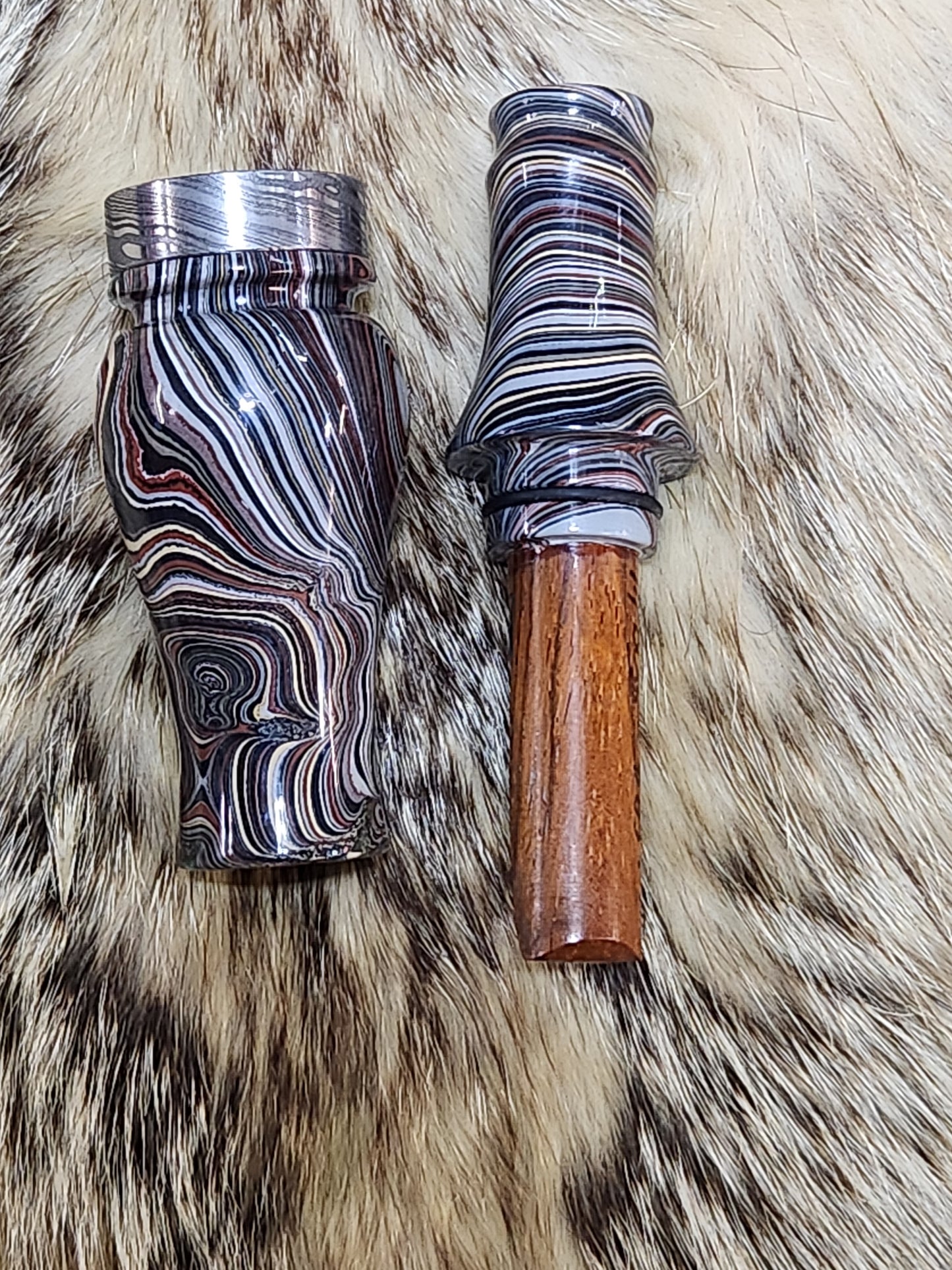 Fordite in resin double Reed Duck Call with cocobolo wood sleeved tone board