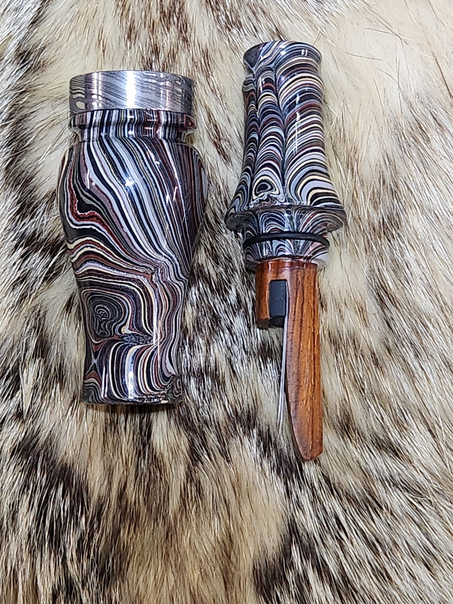 Fordite in resin double Reed Duck Call with cocobolo wood sleeved tone board