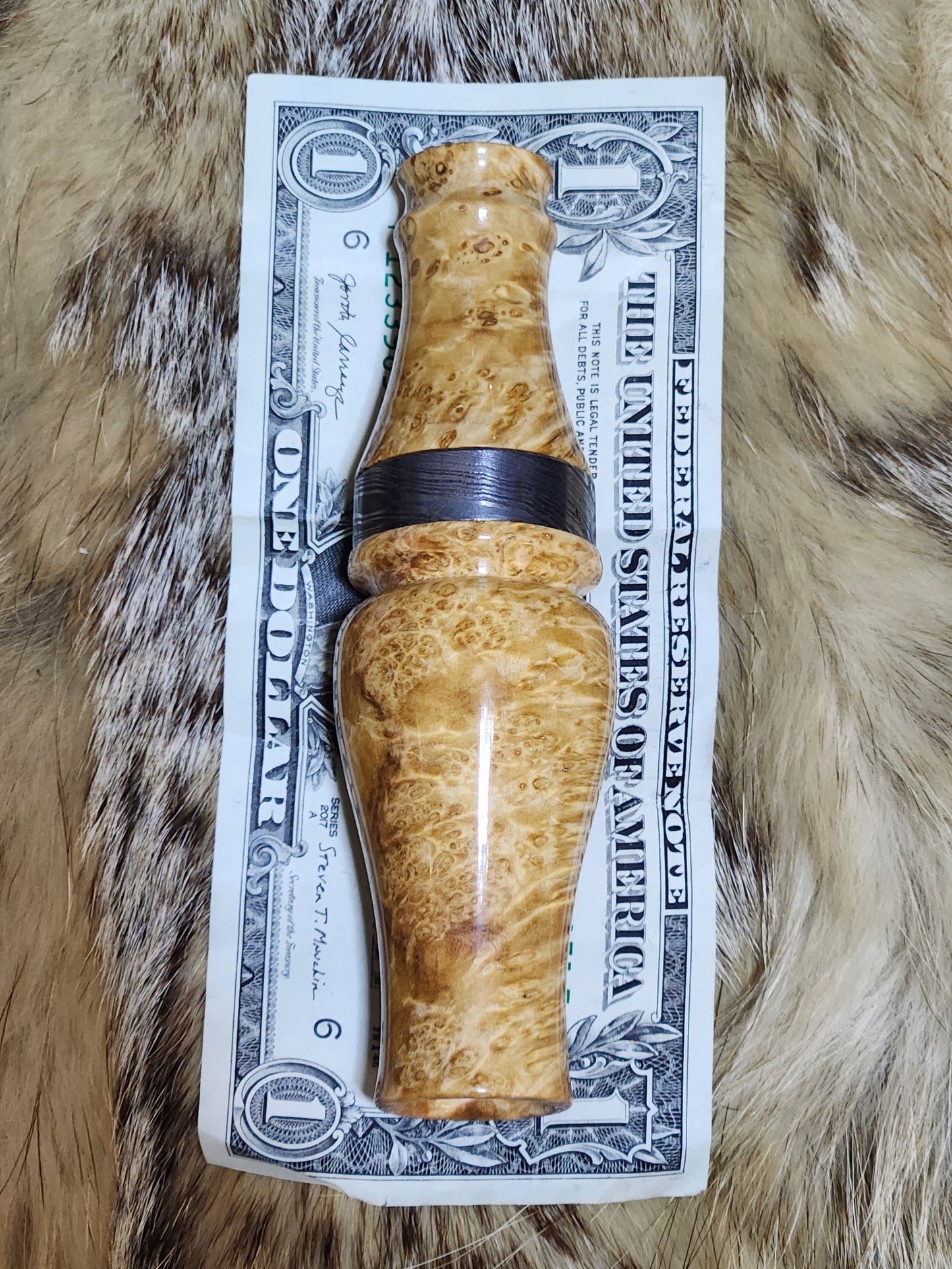 Stabilized black ash burl double reed duck call with cocobolo wood tone board