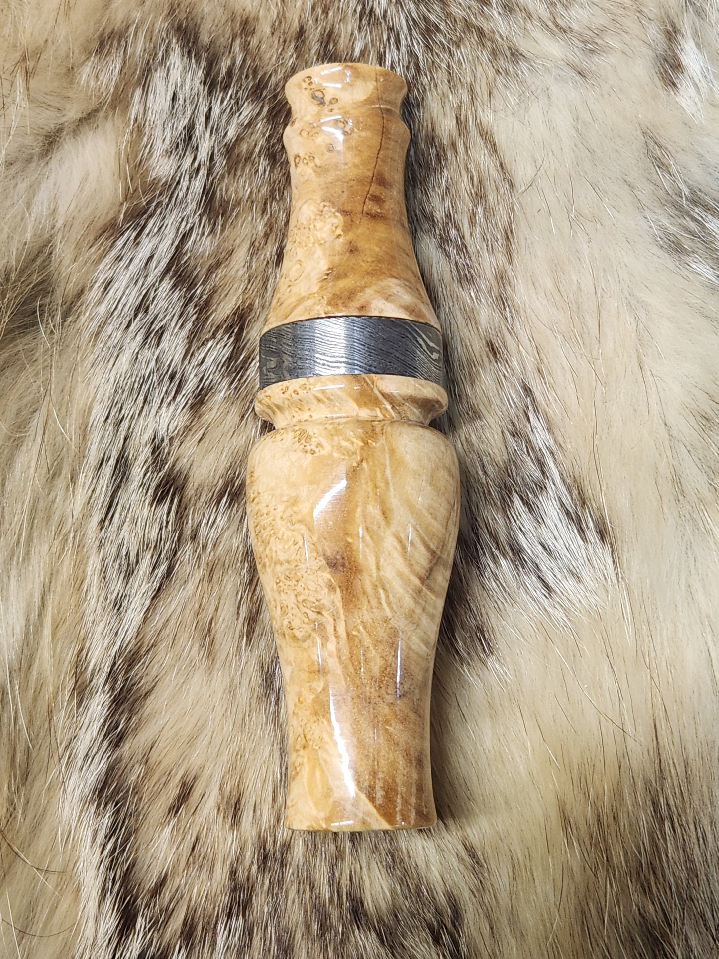 Stabilized black ash burl double reed duck call with cocobolo wood tone board