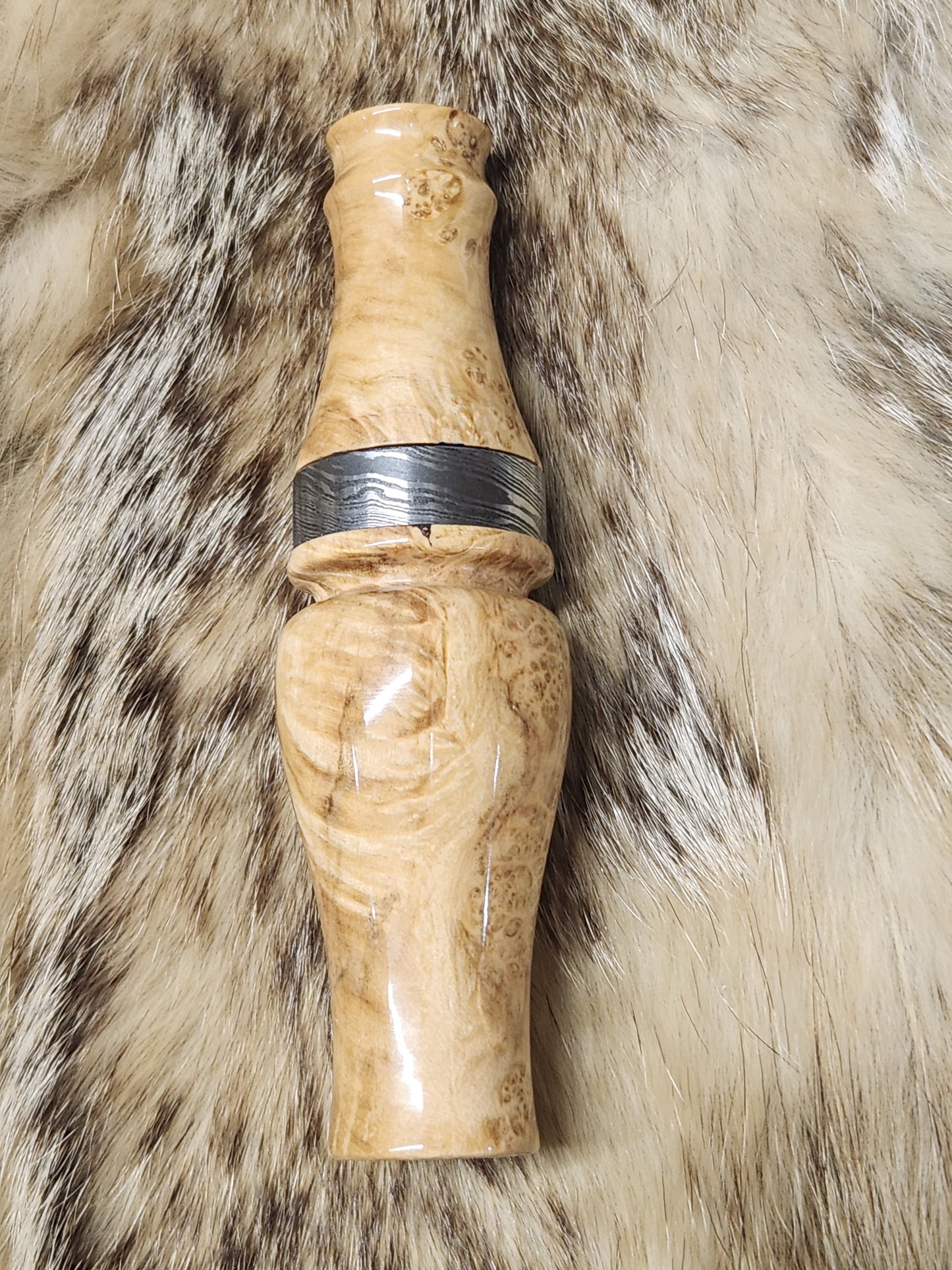 Stabilized black ash burl double reed duck call with cocobolo wood tone board