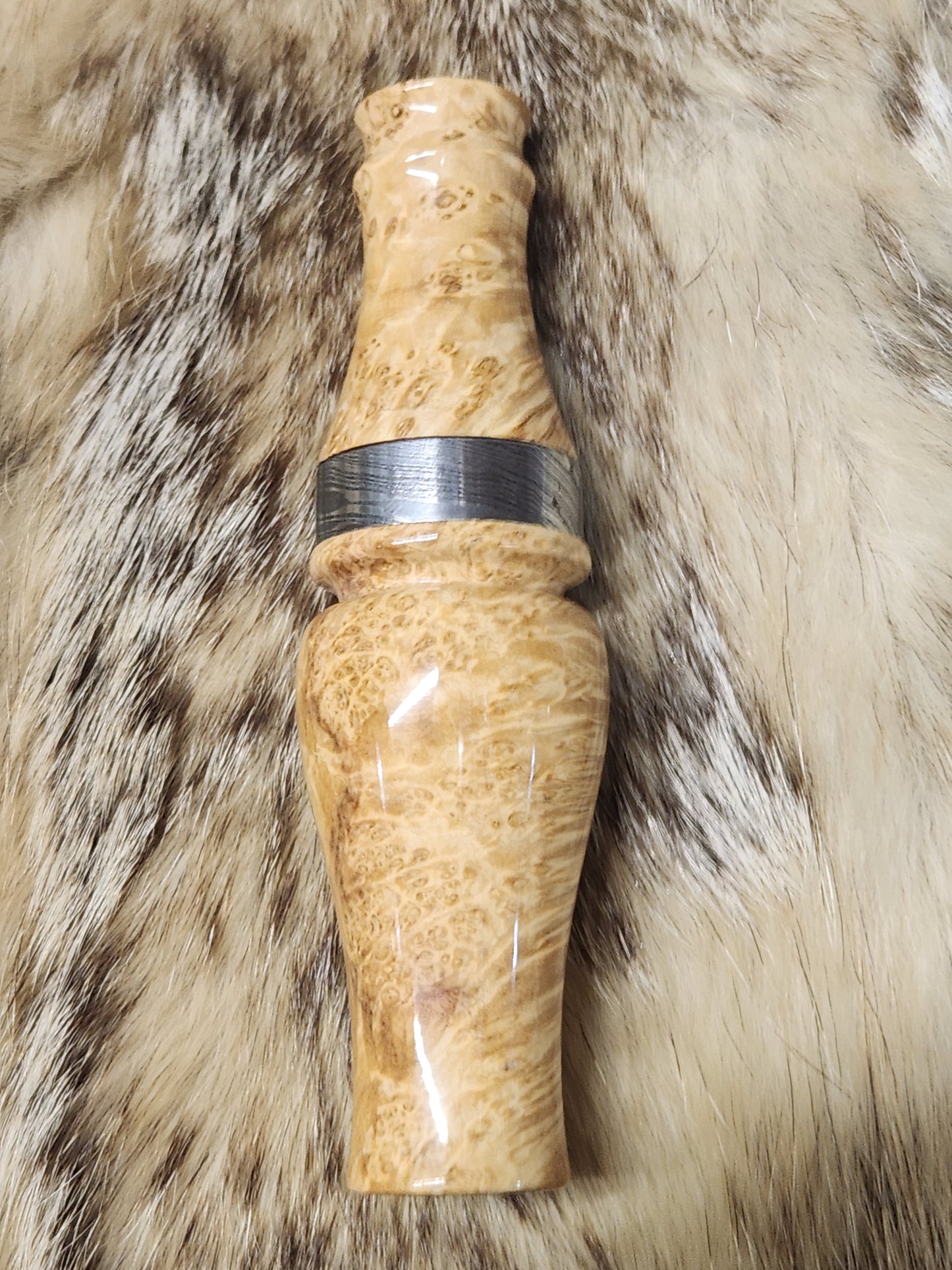 Stabilized black ash burl double reed duck call with cocobolo wood tone board