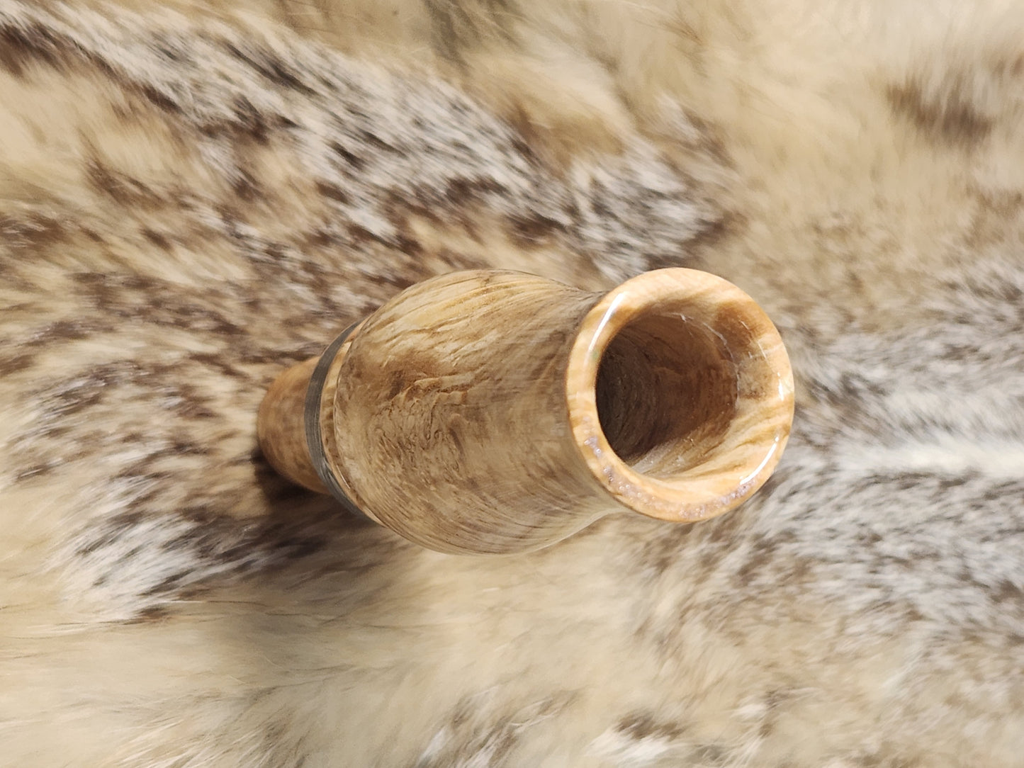 Stabilized black ash burl double reed duck call with cocobolo wood tone board