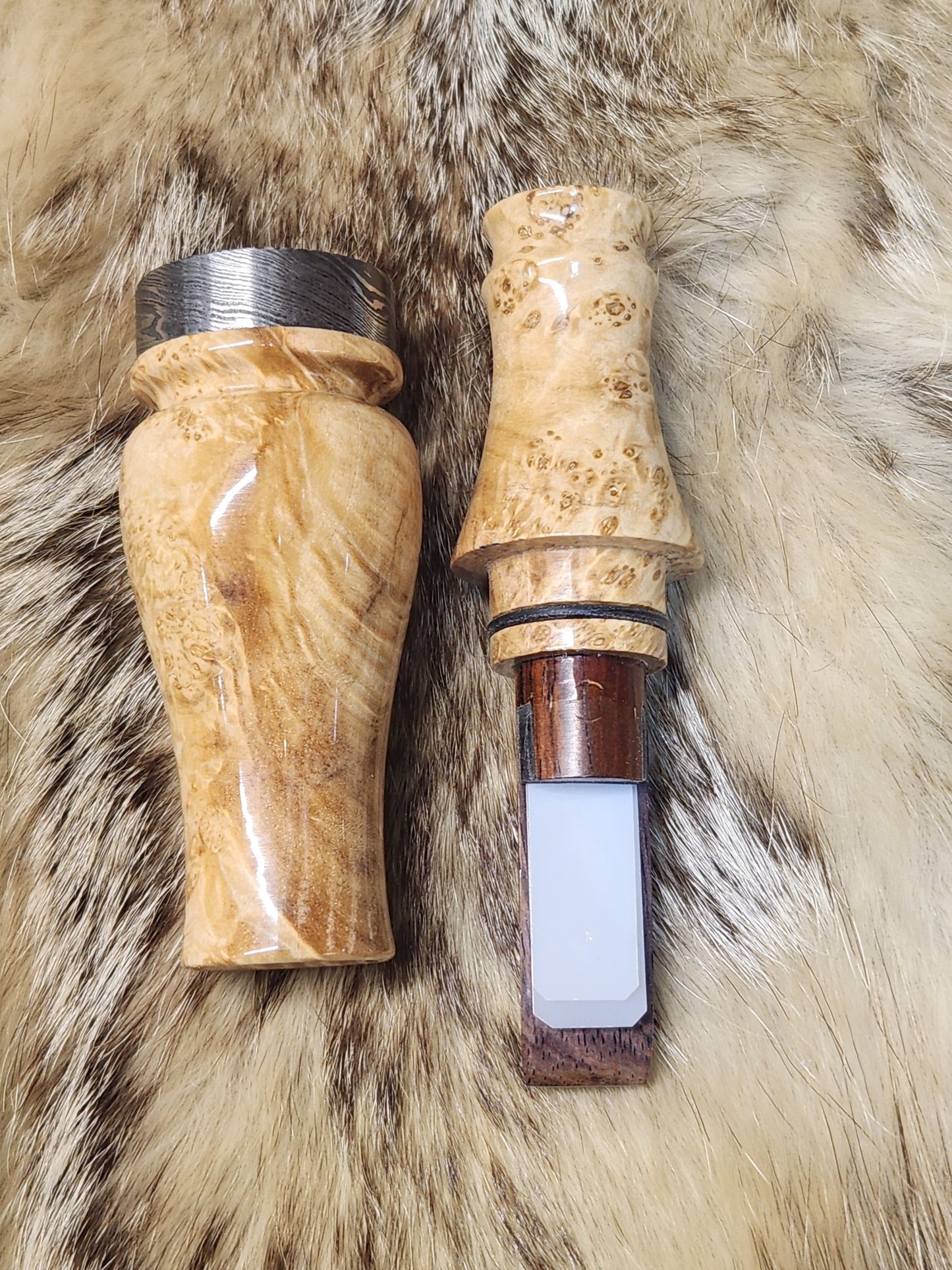 Stabilized black ash burl double reed duck call with cocobolo wood tone board