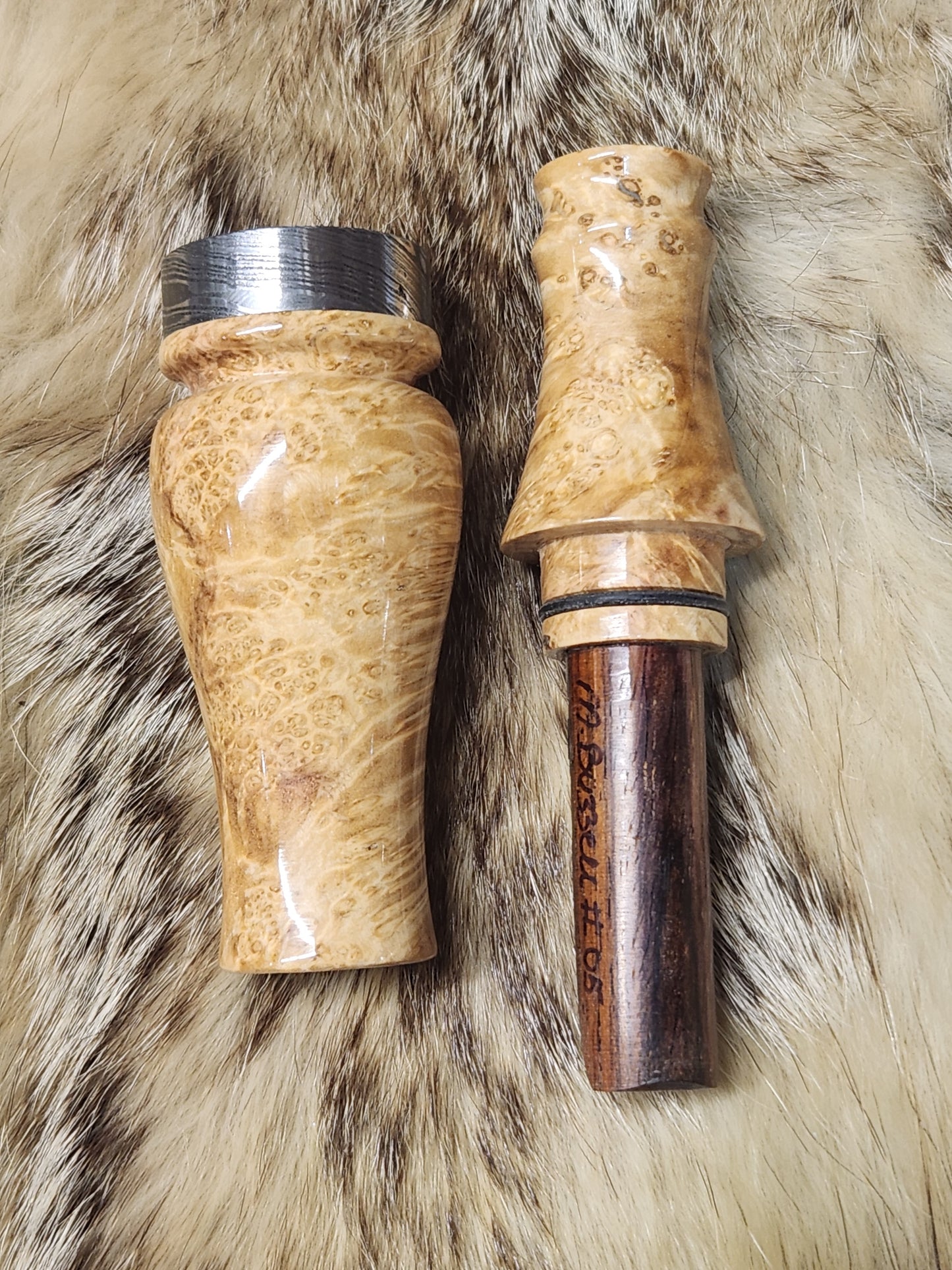 Stabilized black ash burl double reed duck call with cocobolo wood tone board