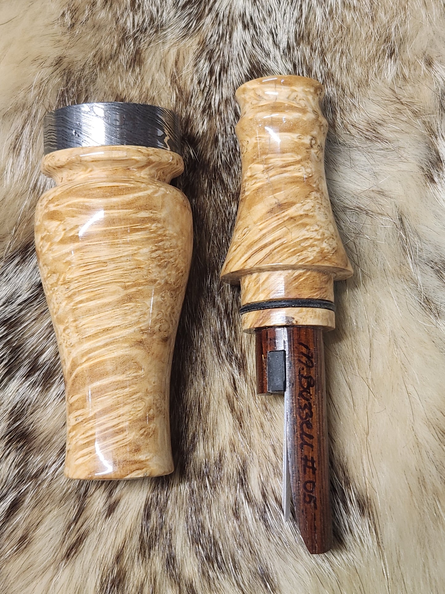 Stabilized black ash burl double reed duck call with cocobolo wood tone board