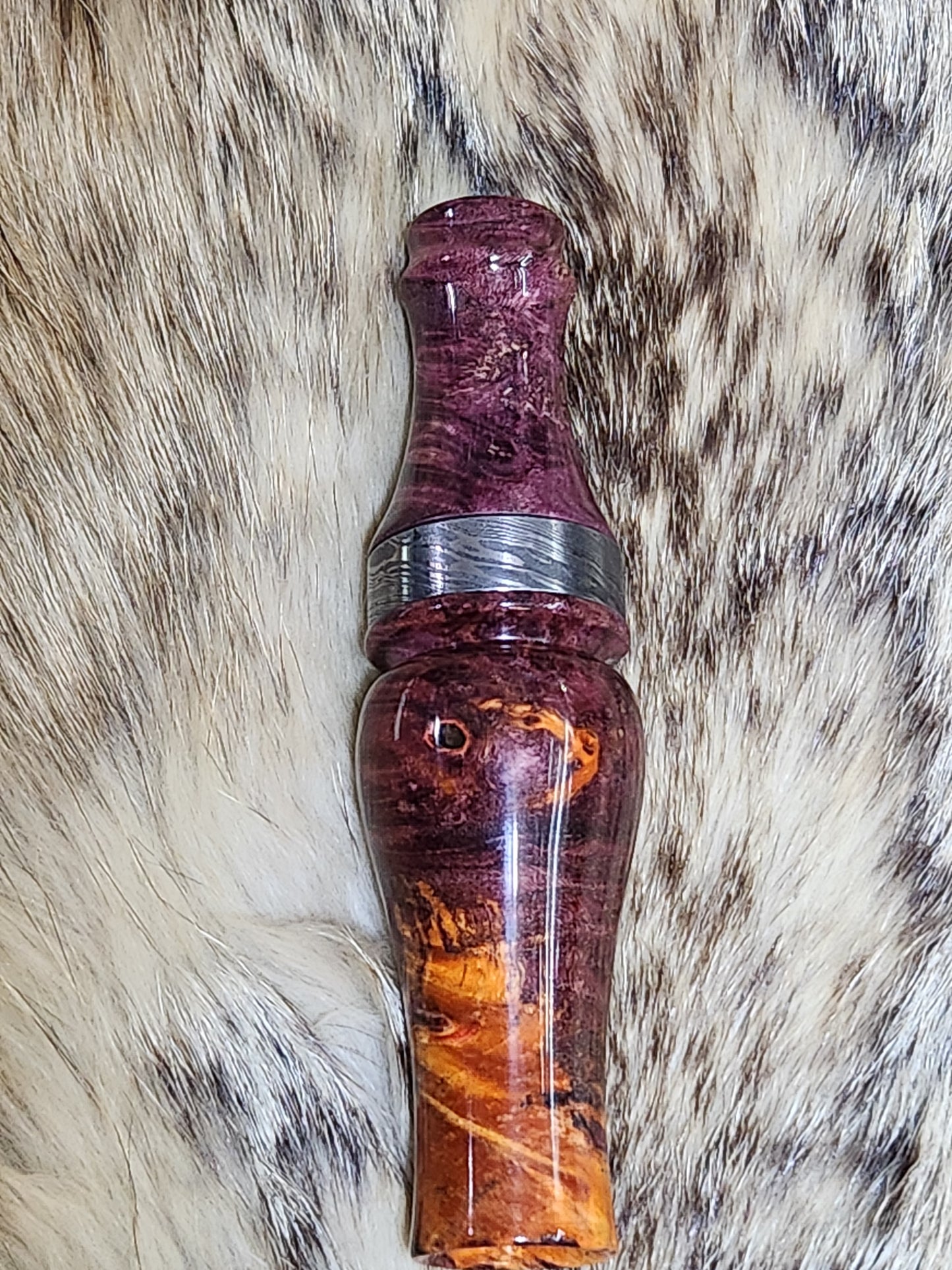 Boxelder burl double reed duck call with cocobolo wood tone board and Damascus band
