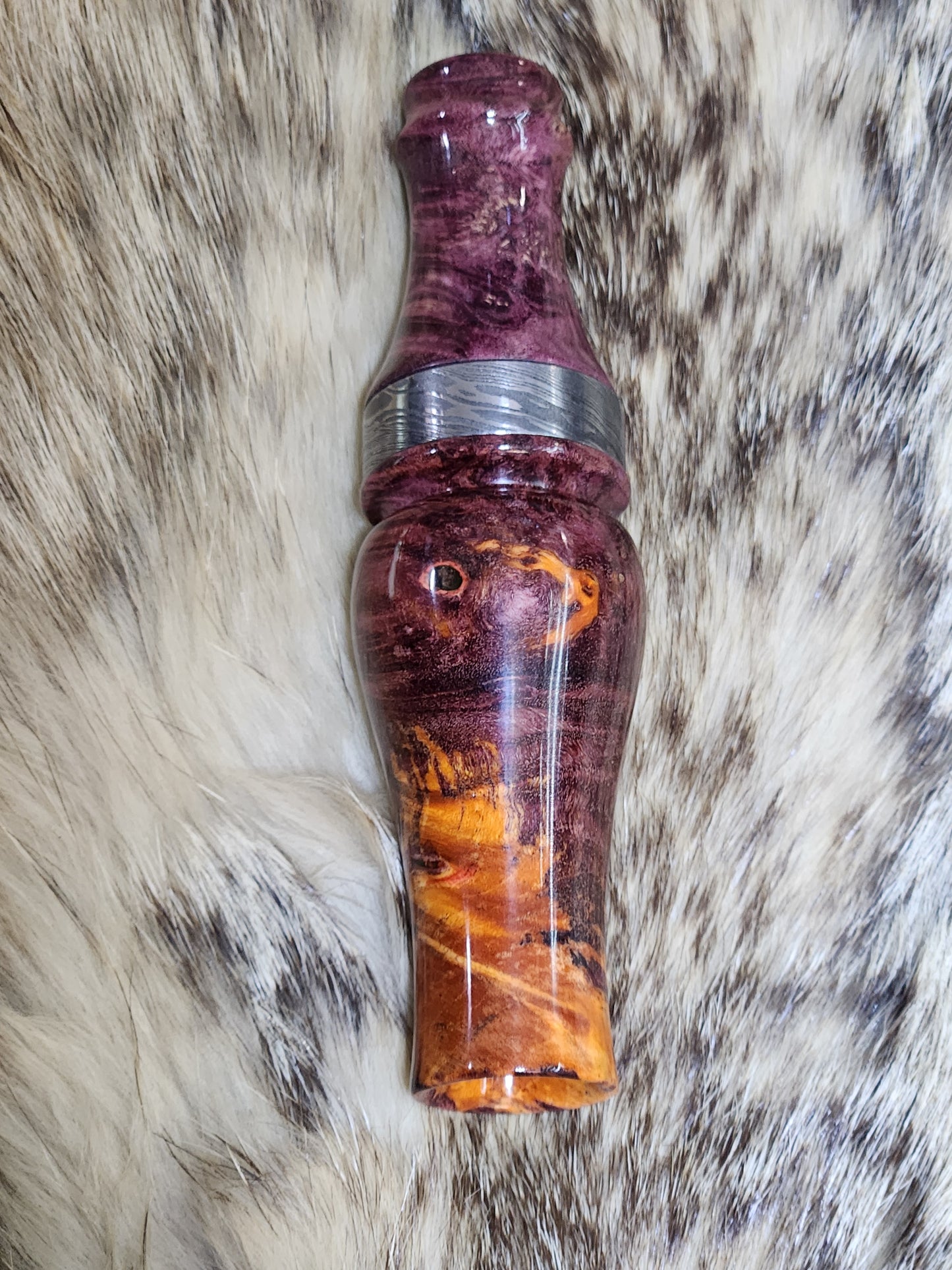Boxelder burl double reed duck call with cocobolo wood tone board and Damascus band