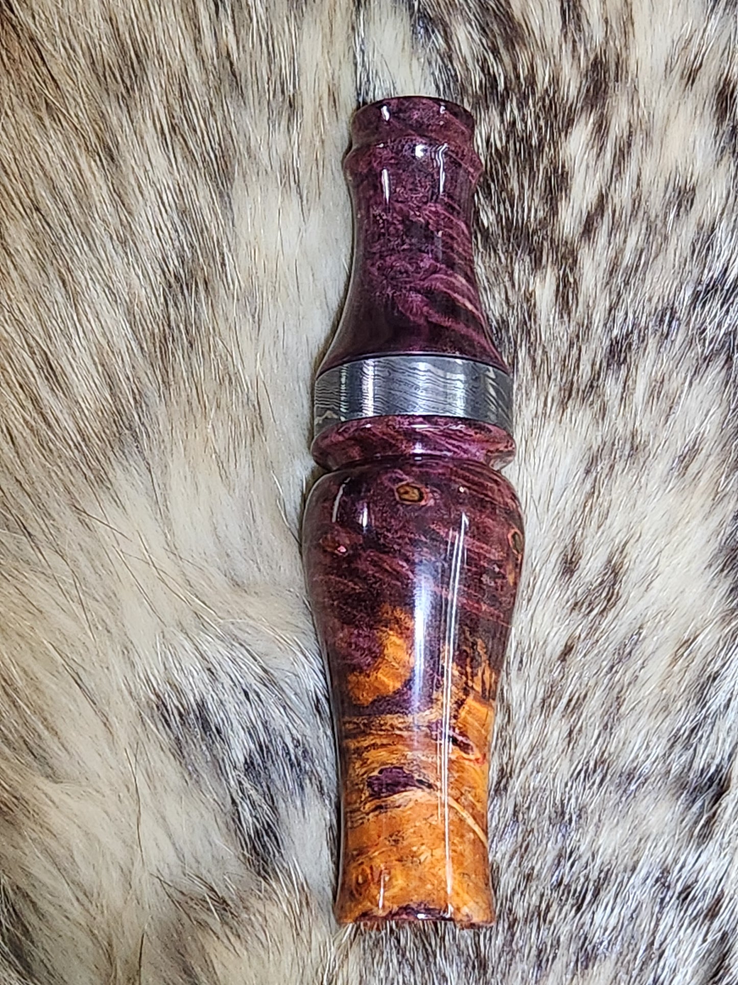 Boxelder burl double reed duck call with cocobolo wood tone board and Damascus band