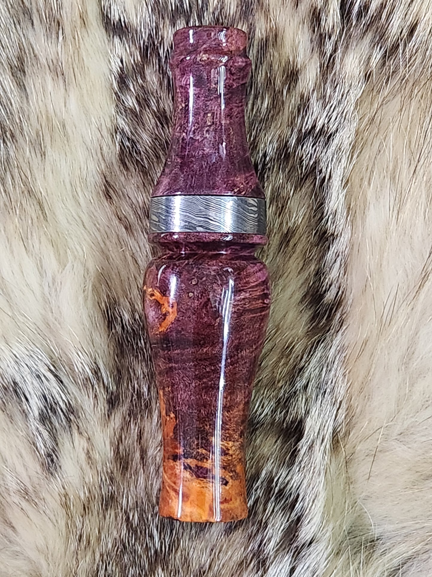 Boxelder burl double reed duck call with cocobolo wood tone board and Damascus band