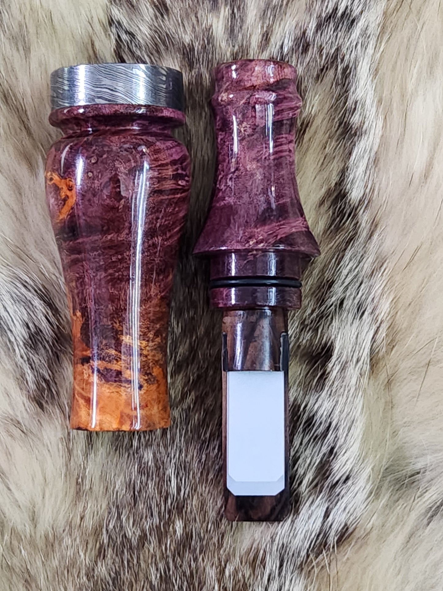 Boxelder burl double reed duck call with cocobolo wood tone board and Damascus band