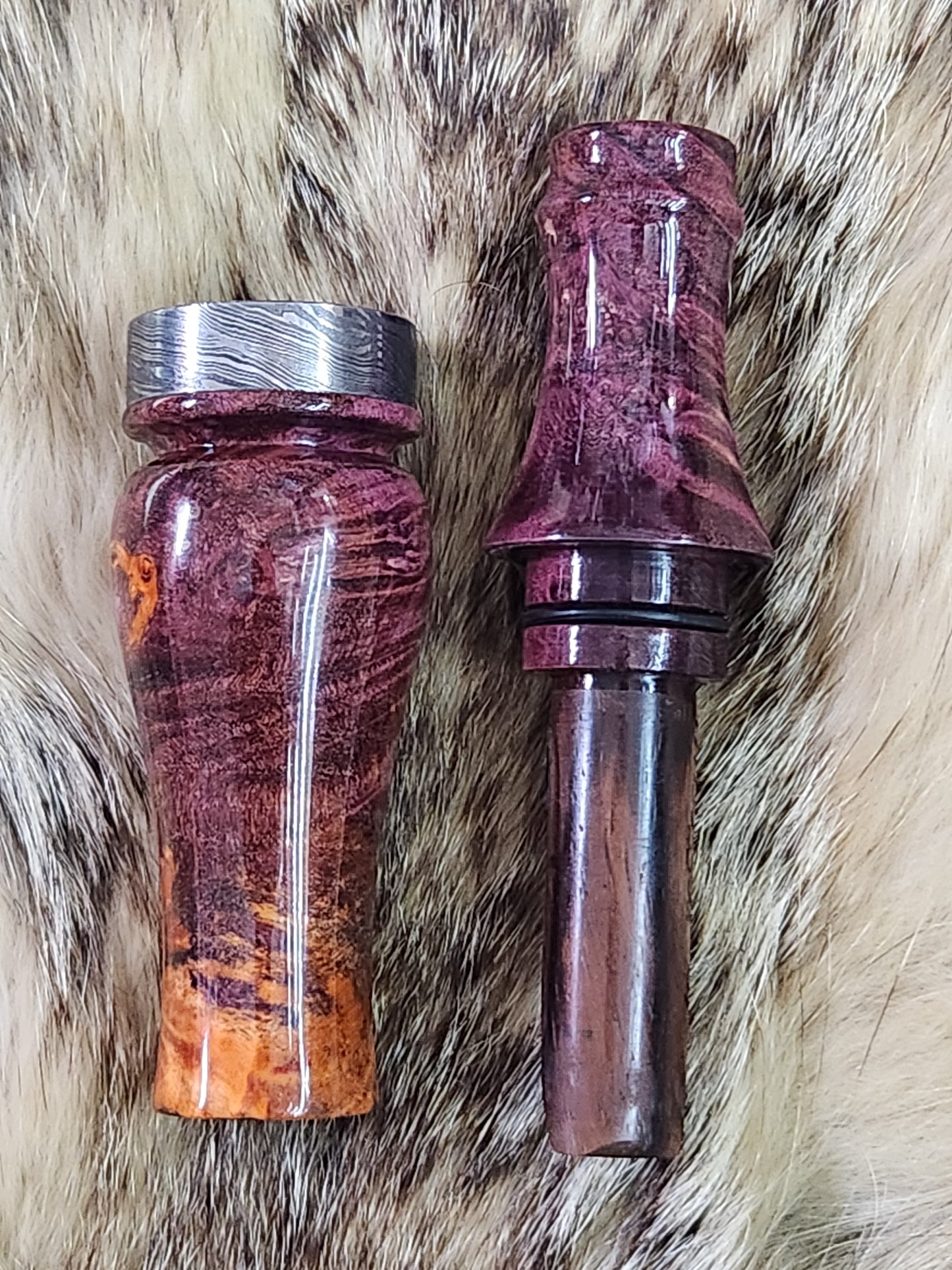 Boxelder burl double reed duck call with cocobolo wood tone board and Damascus band