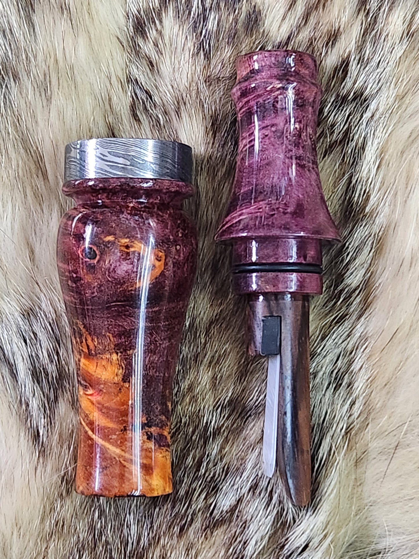 Boxelder burl double reed duck call with cocobolo wood tone board and Damascus band