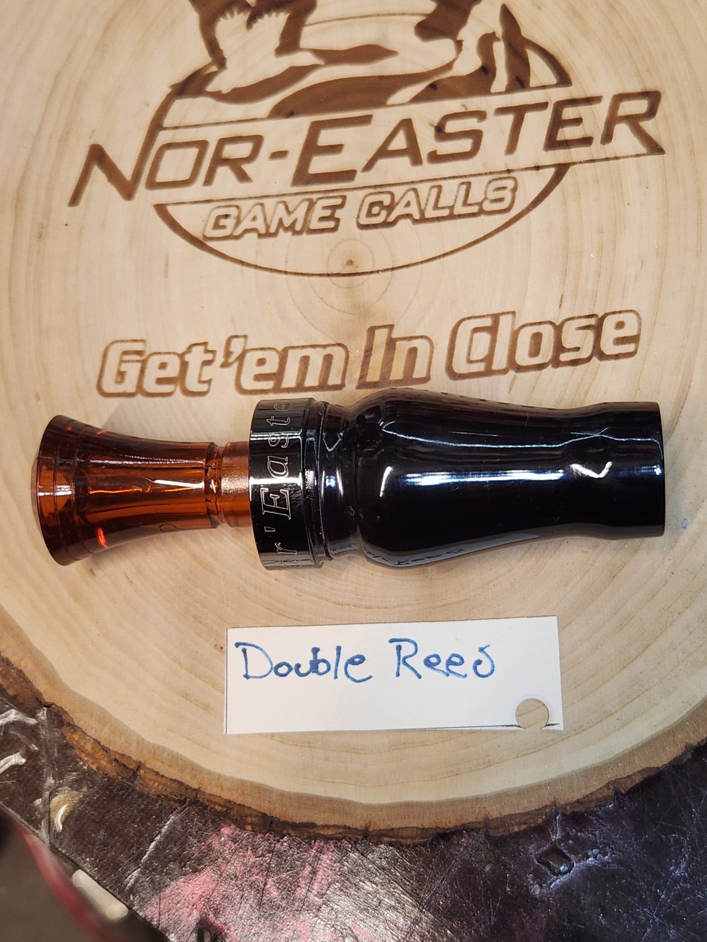 Black and red acrylic double reed duck call