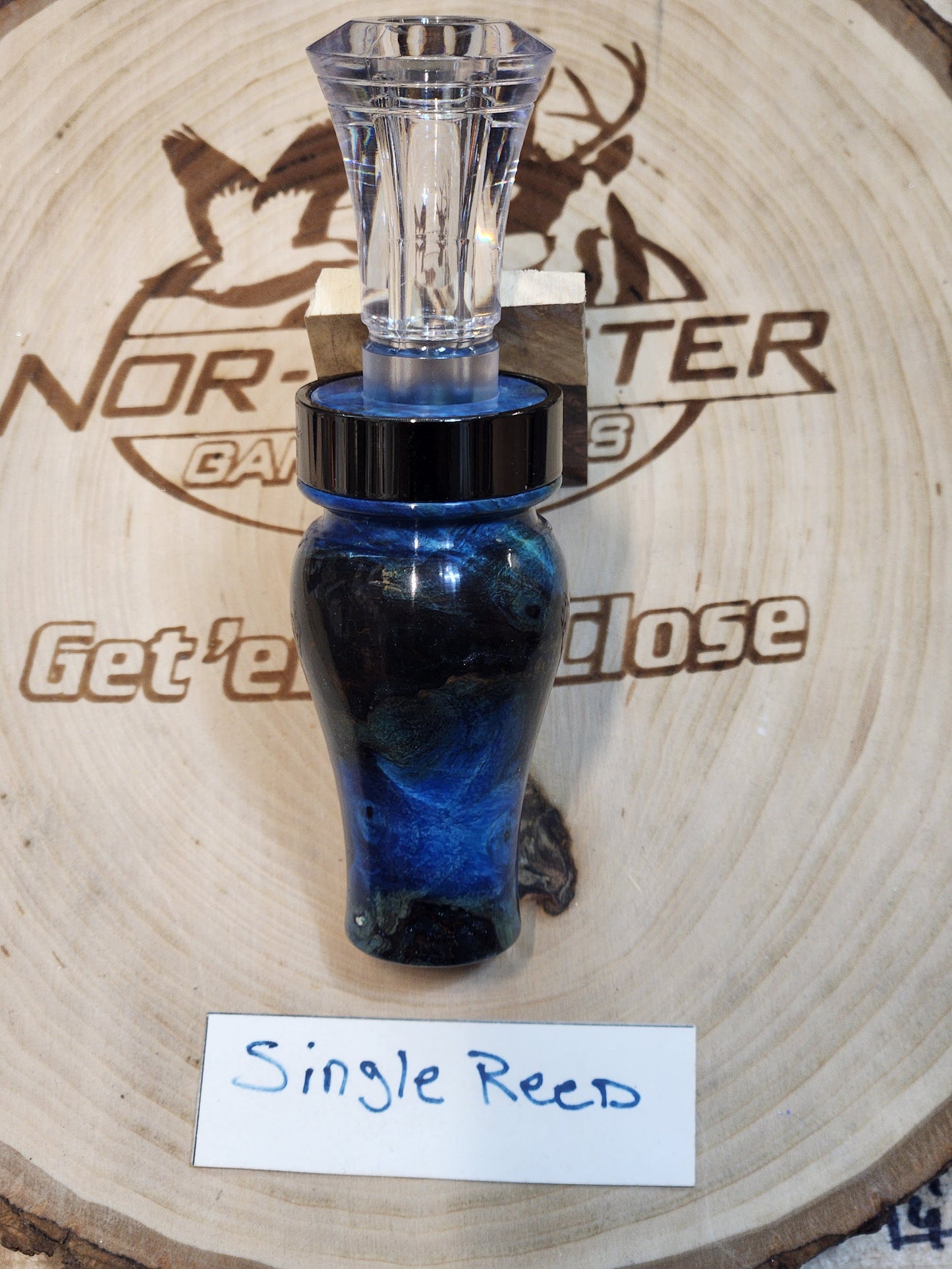 Amboyna burl wood in resin single reed duck call