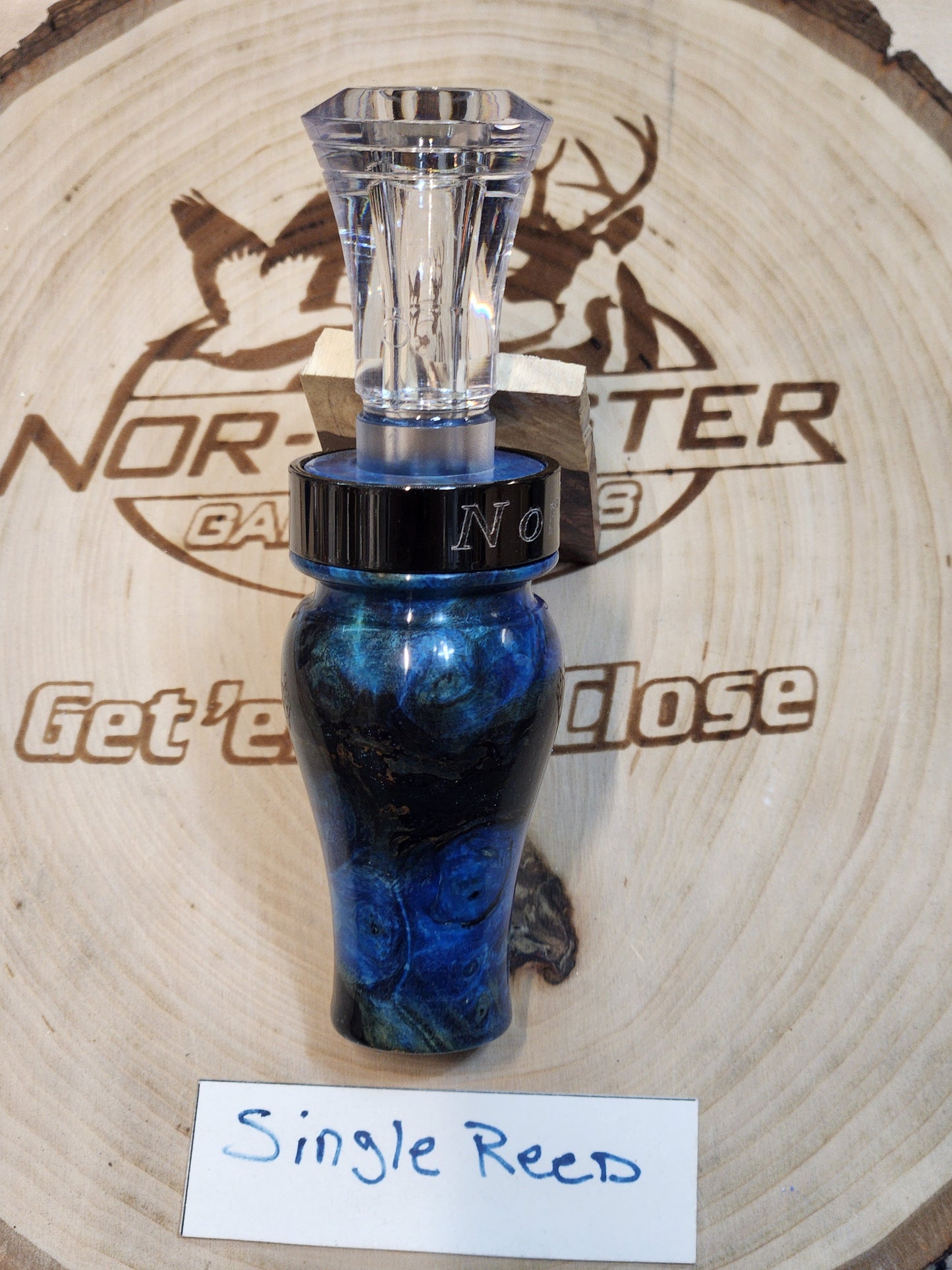 Amboyna burl wood in resin single reed duck call