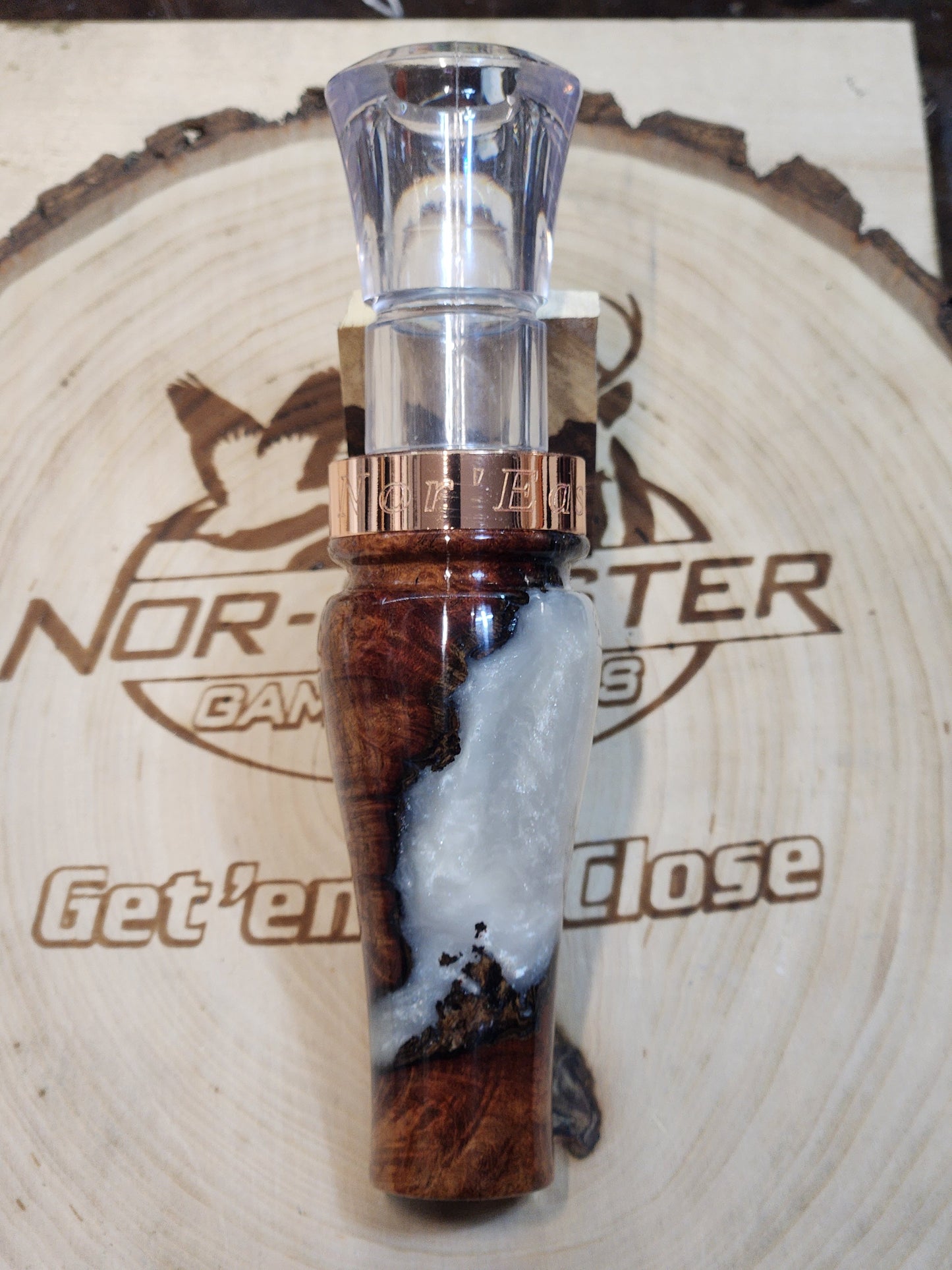 Blood wood burl with resin short reed goose call