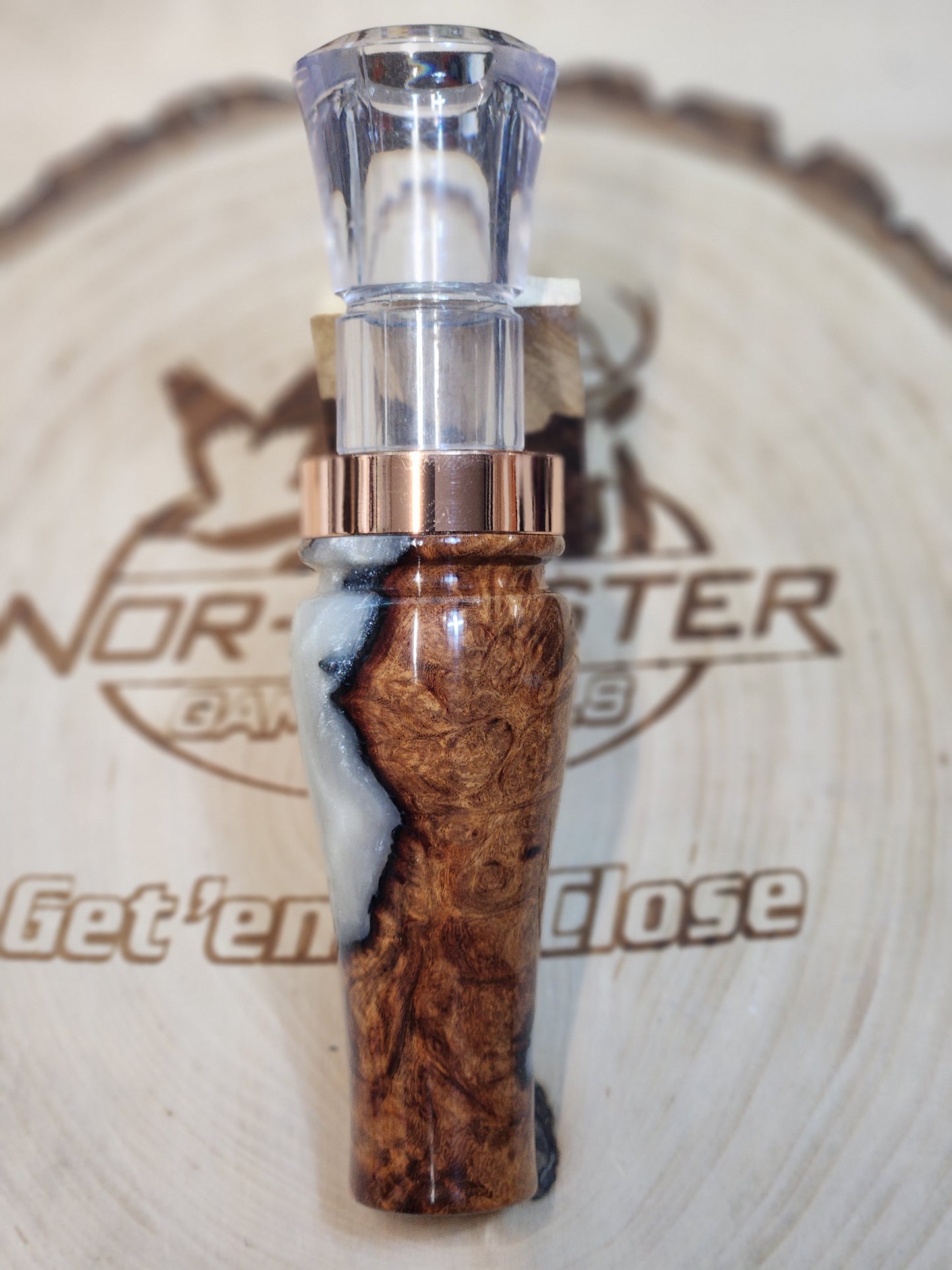 Blood wood burl with resin short reed goose call