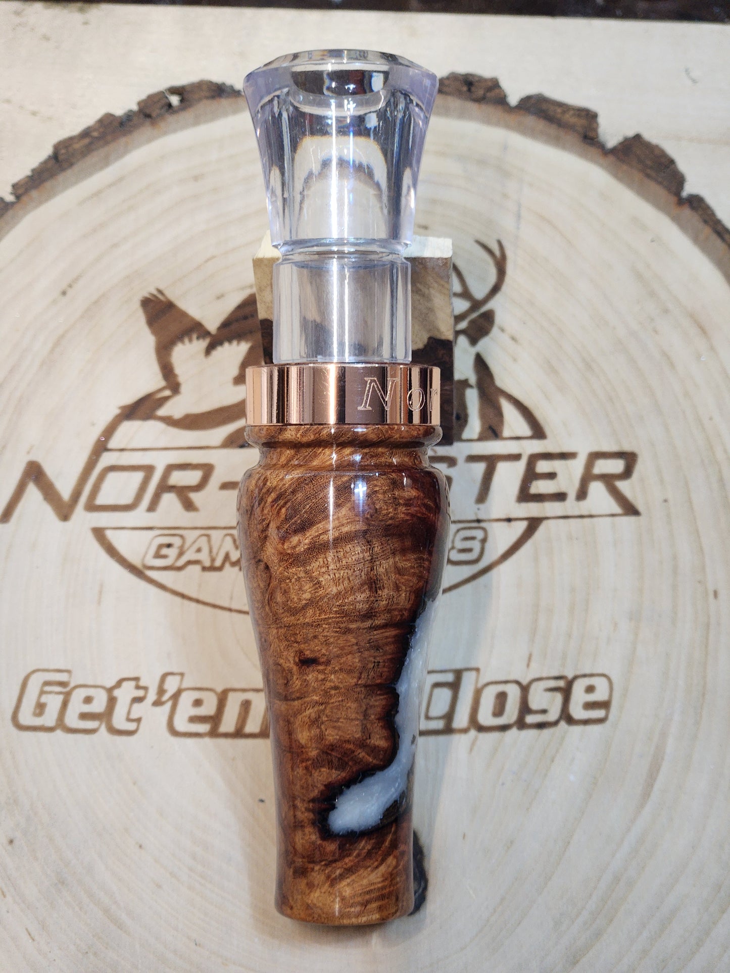 Blood wood burl with resin short reed goose call