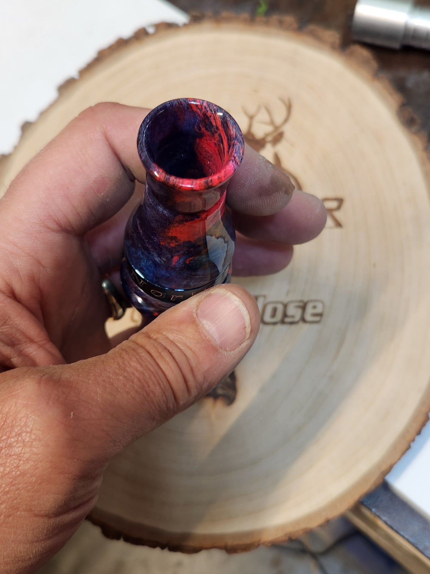 Speckle belly goose call Dyed and stabilized boxelder burl wood