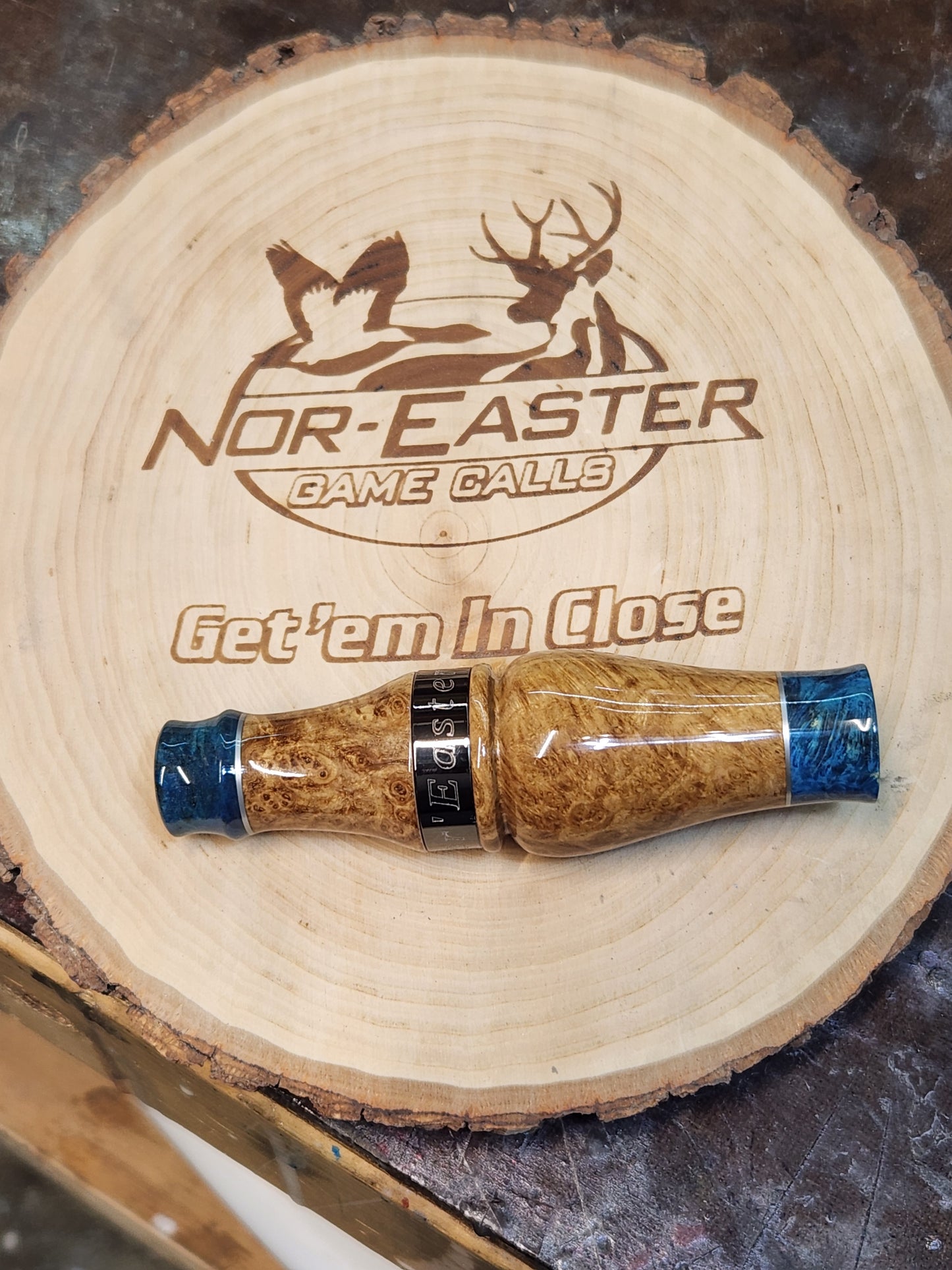 Golden amboyna wood with boxelder Burl Wood inlays double Reed Duck Call