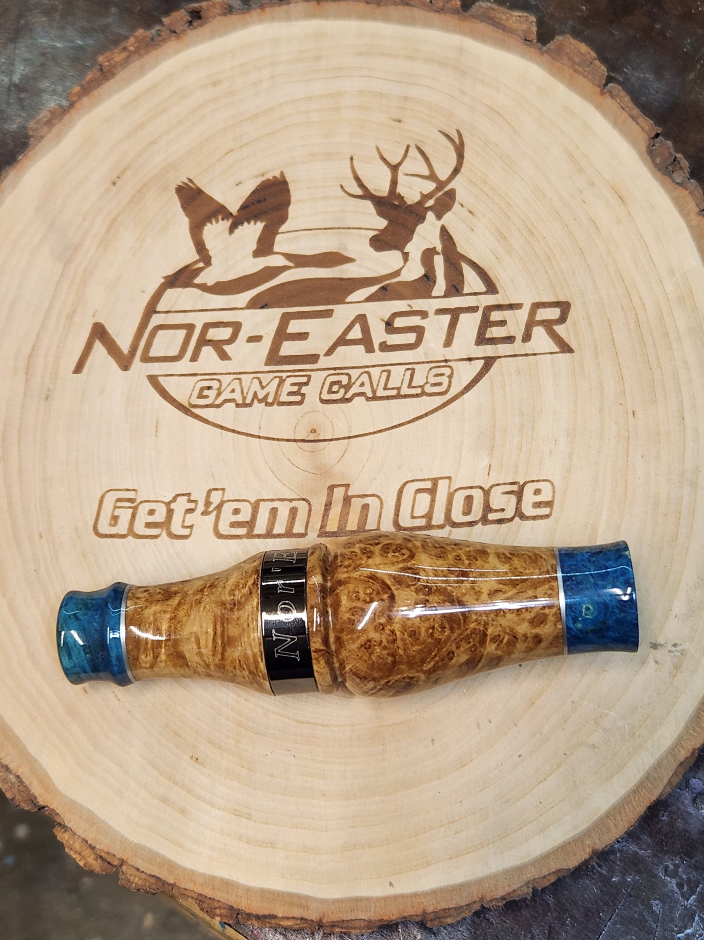 Golden amboyna wood with boxelder Burl Wood inlays double Reed Duck Call