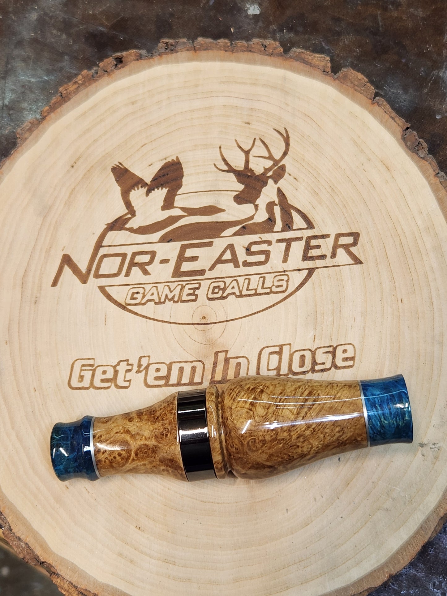 Golden amboyna wood with boxelder Burl Wood inlays double Reed Duck Call
