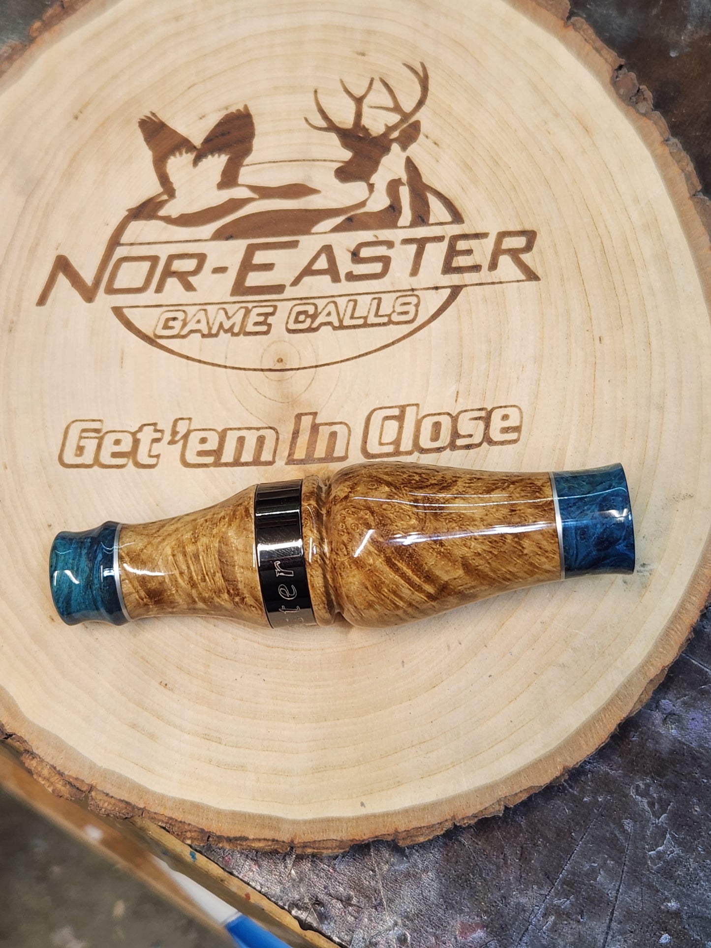 Golden amboyna wood with boxelder Burl Wood inlays double Reed Duck Call
