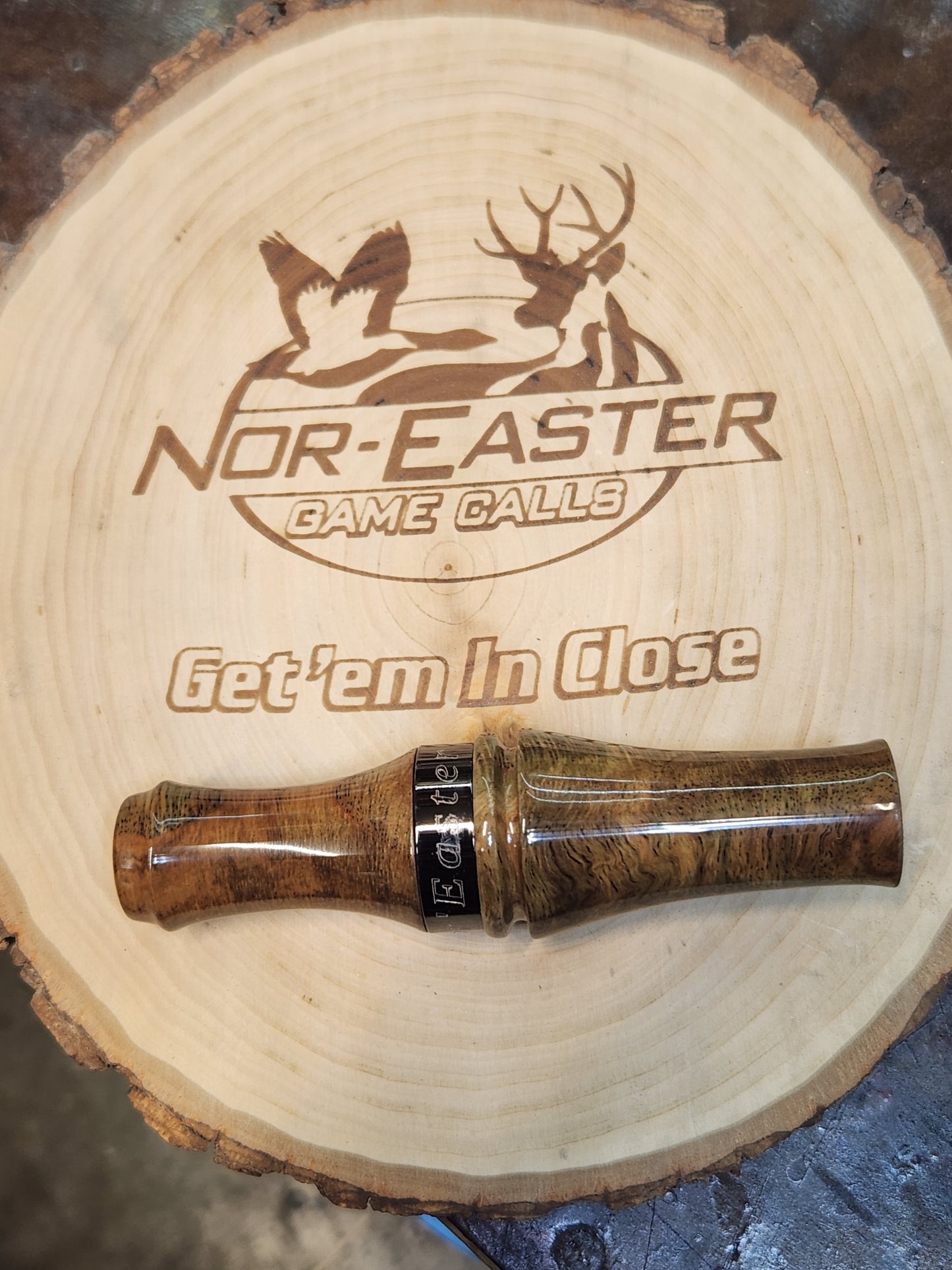 Spalted stabilized white oak double reed duck call