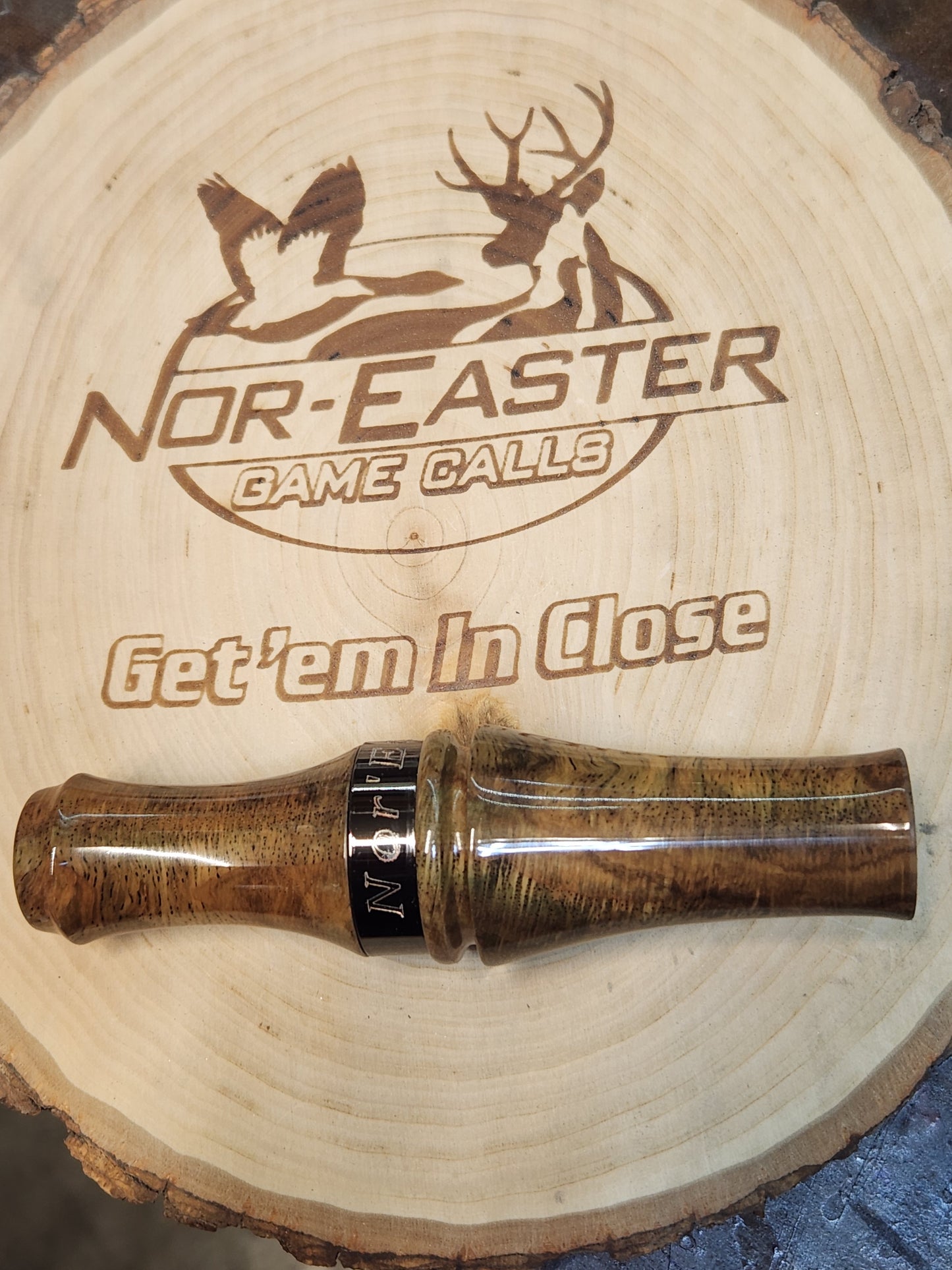Spalted stabilized white oak double reed duck call