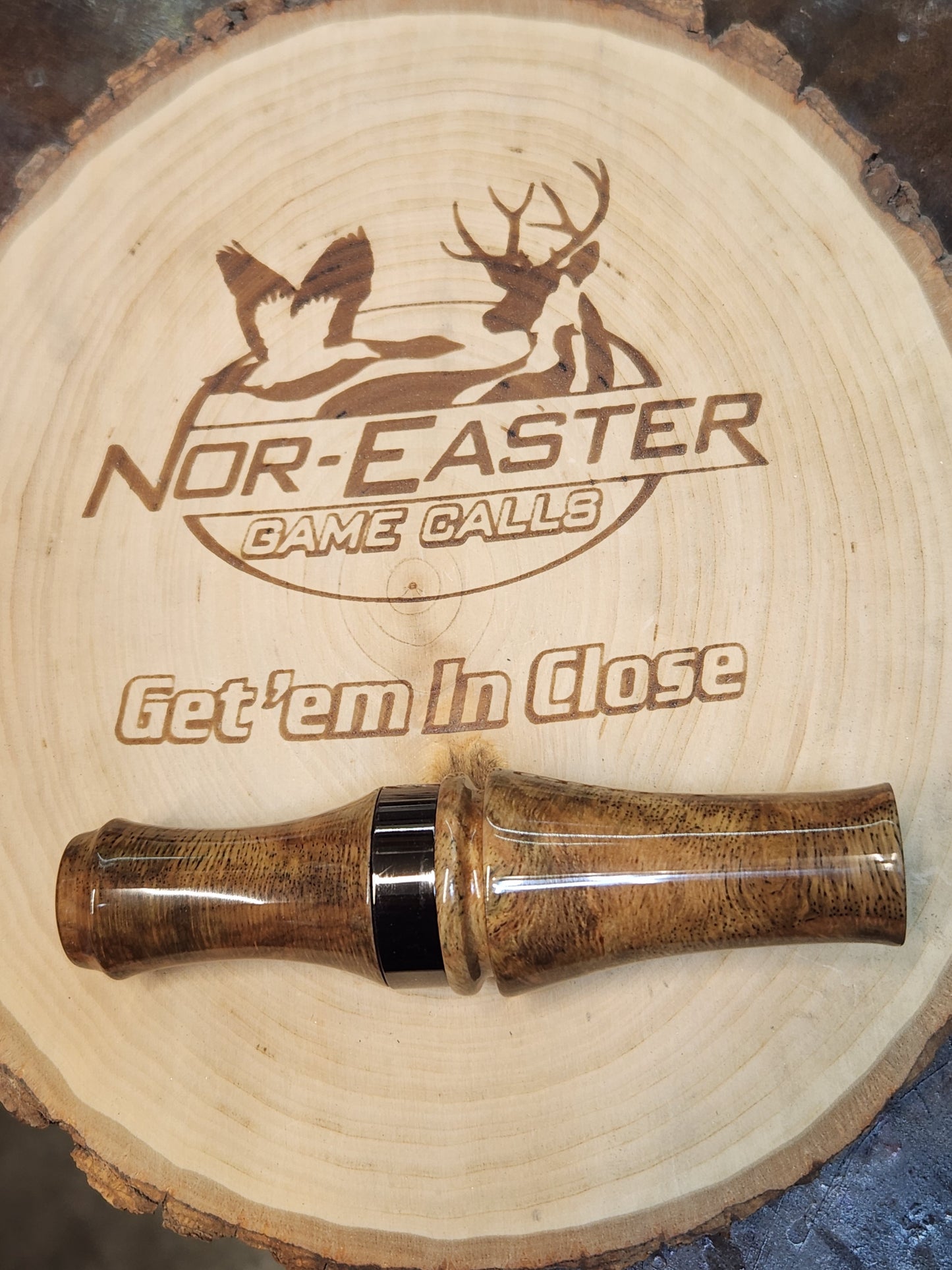 Spalted stabilized white oak double reed duck call