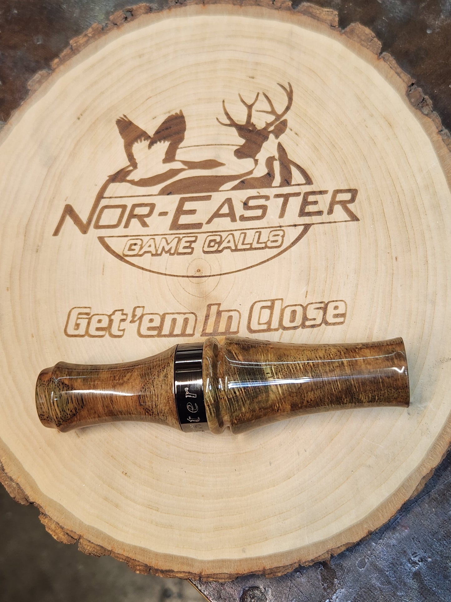 Spalted stabilized white oak double reed duck call