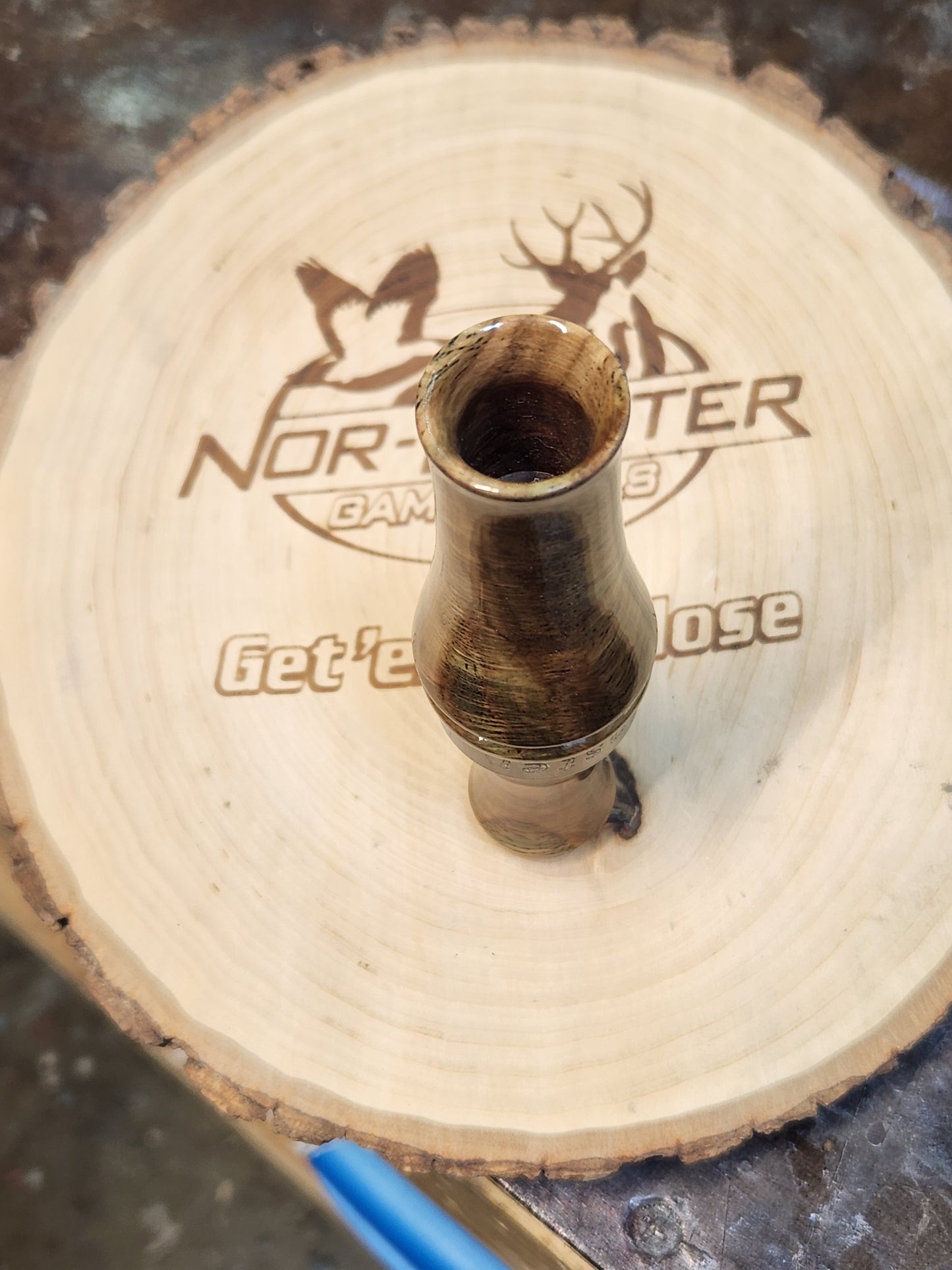 Spalted stabilized white oak double reed duck call
