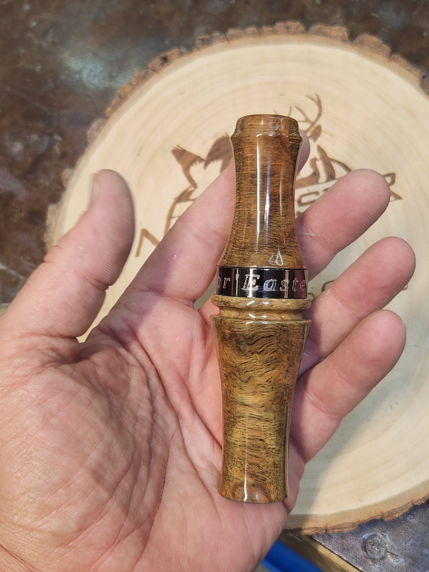 Spalted stabilized white oak double reed duck call