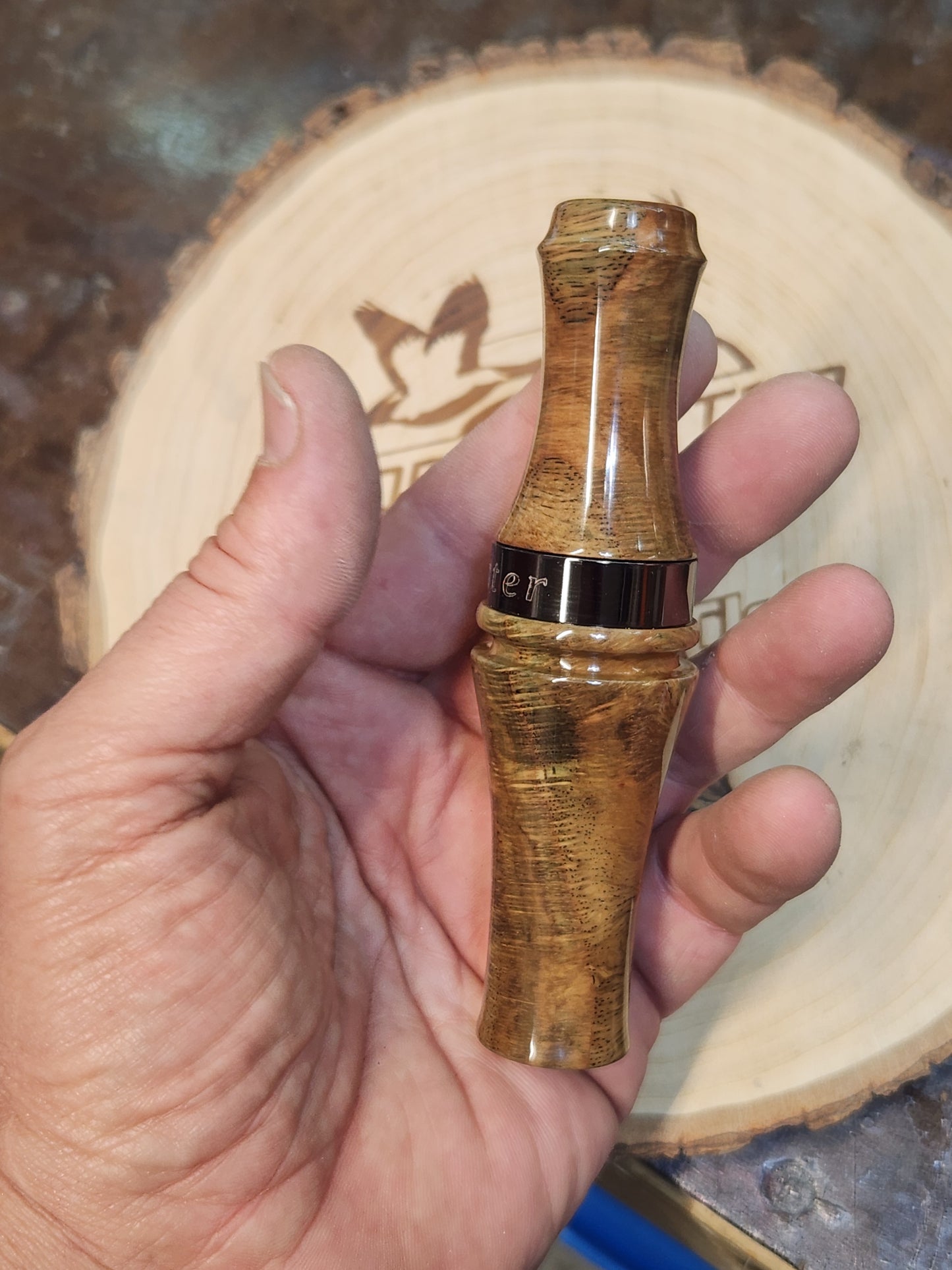 Spalted stabilized white oak double reed duck call